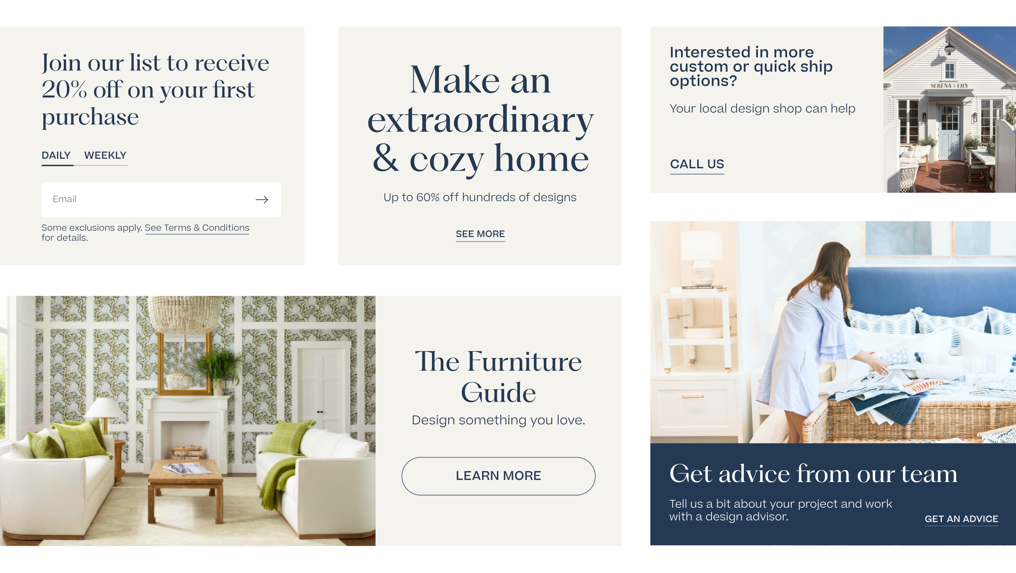 a series of Serena & Lily hero screens