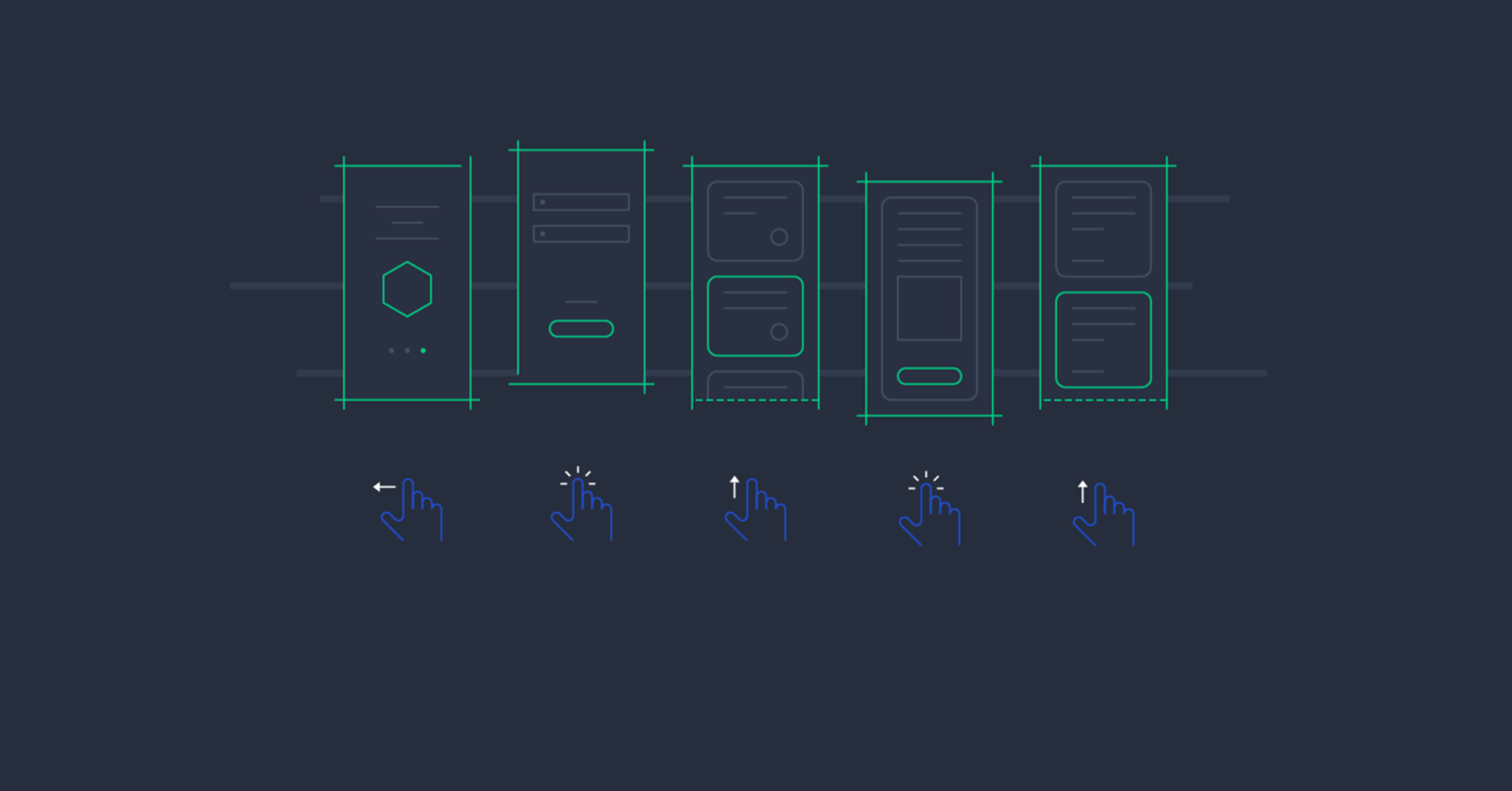 Wireframe designs with hand gestures illustrating user interaction