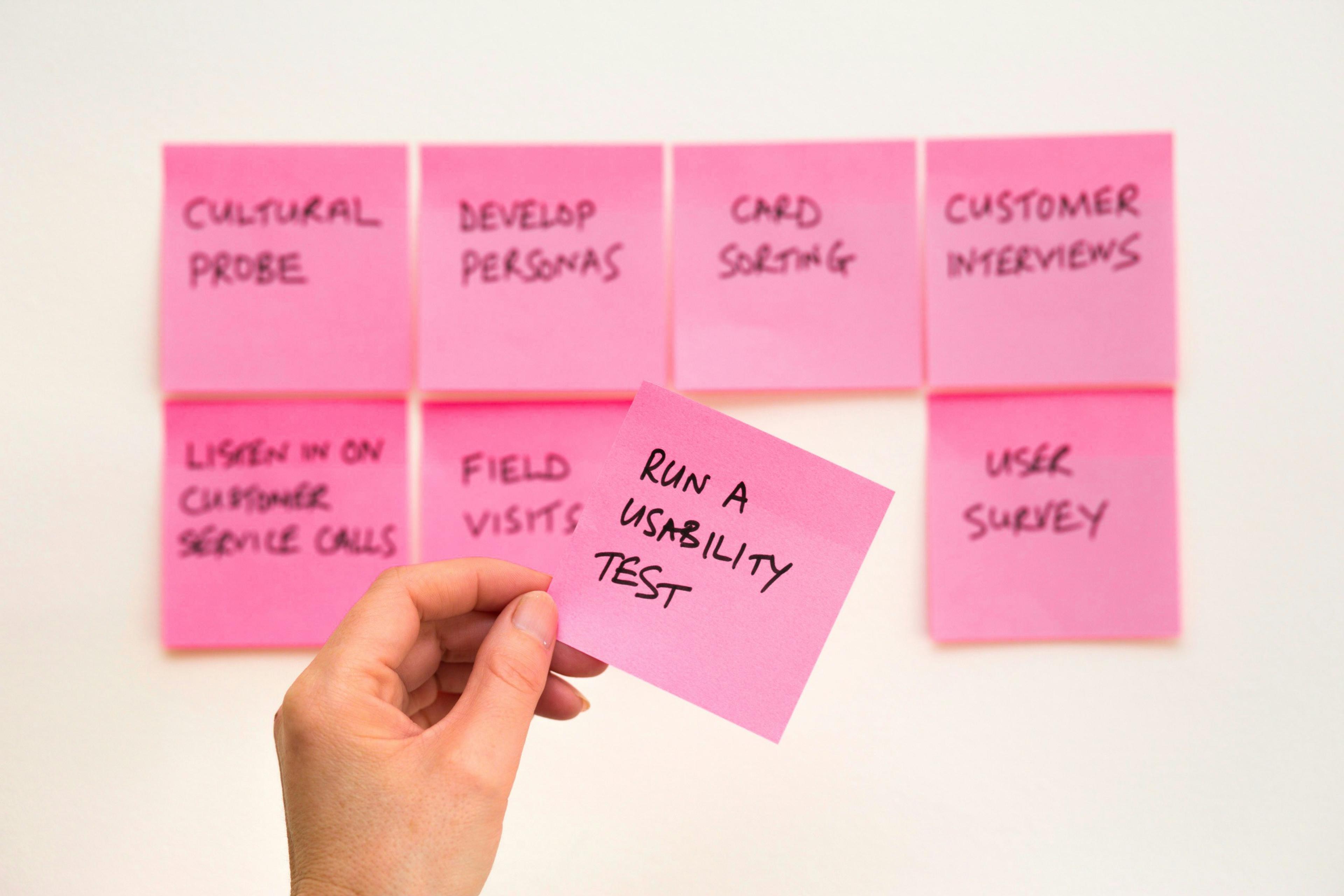 Sticky notes outlining UX research methods