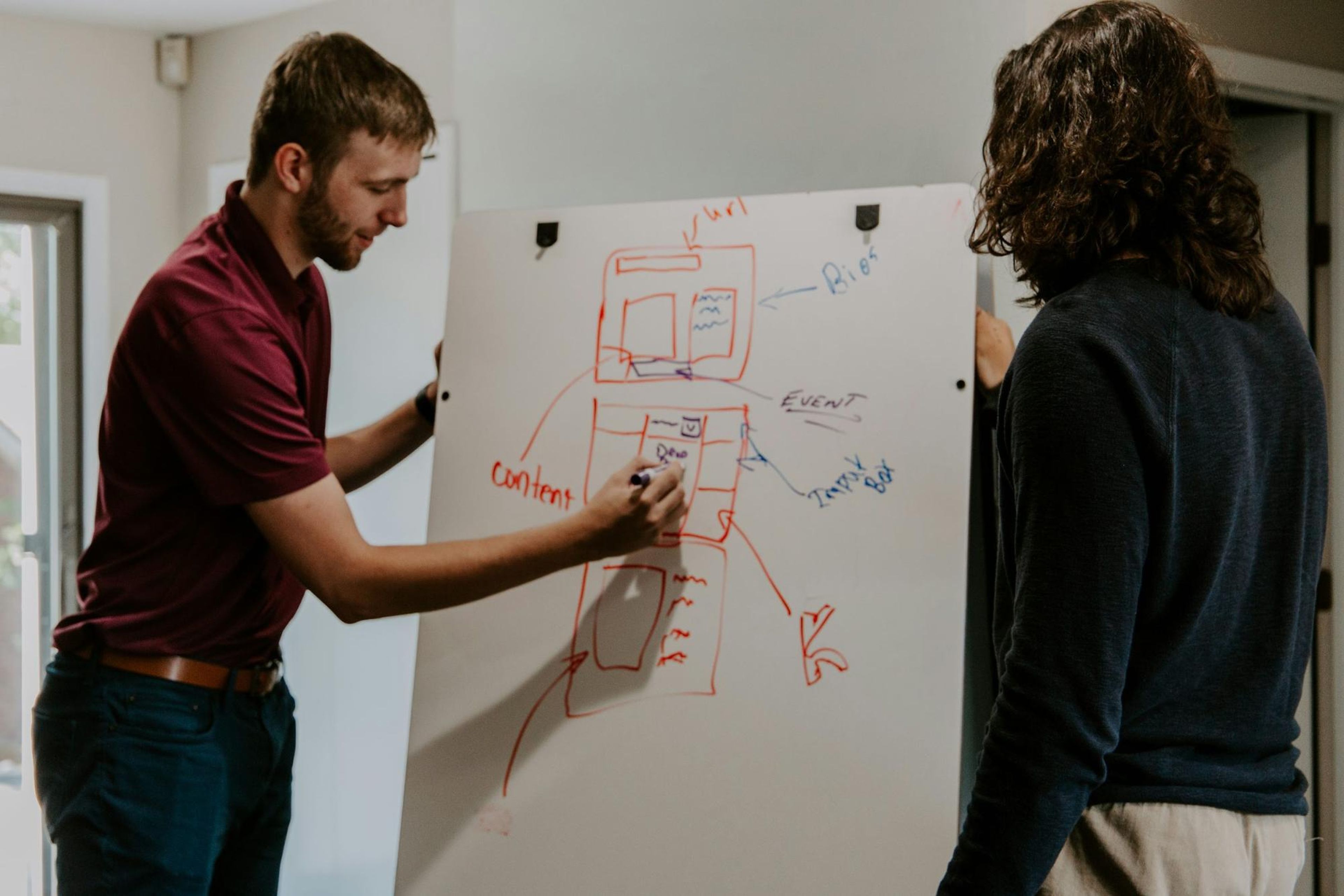Two people drawing on a white board