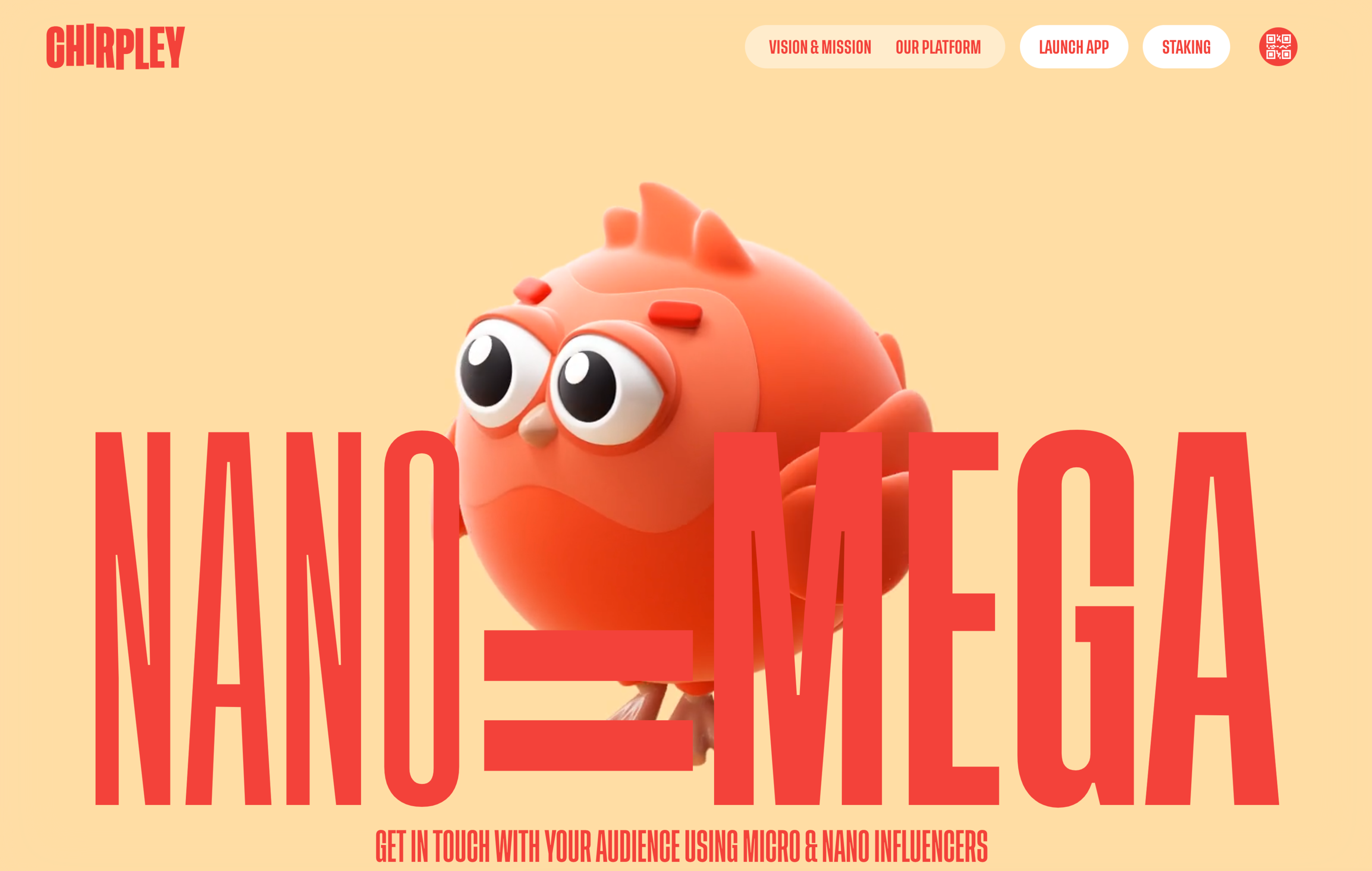 Promotional banner emphasizing "Nano = Mega" with a playful orange character