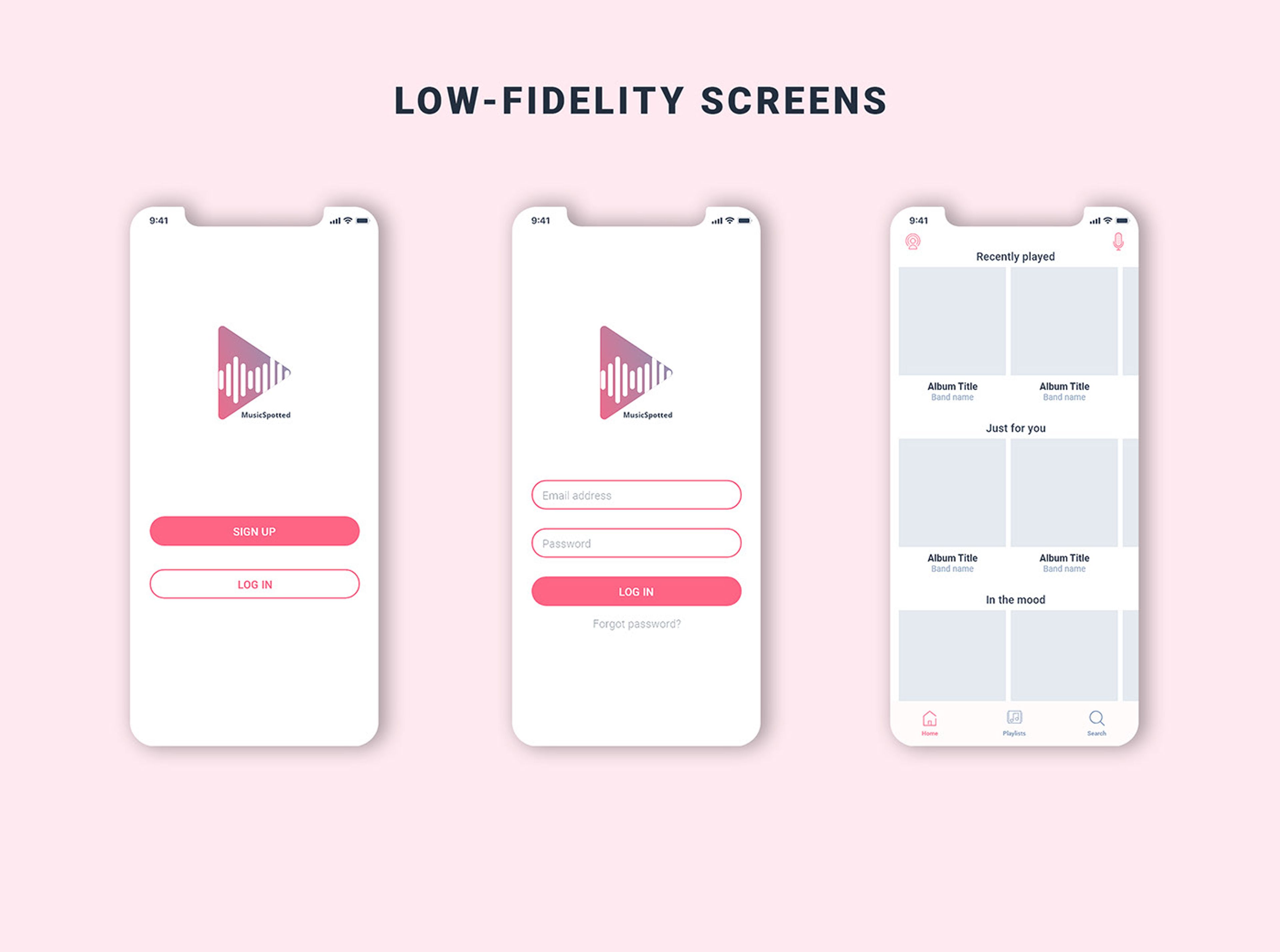 Low-fidelity mobile app screens for a music streaming platform