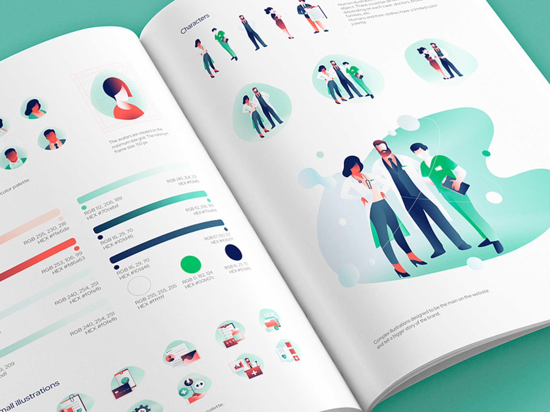 a brand style guide with illustrated characters and a color palette