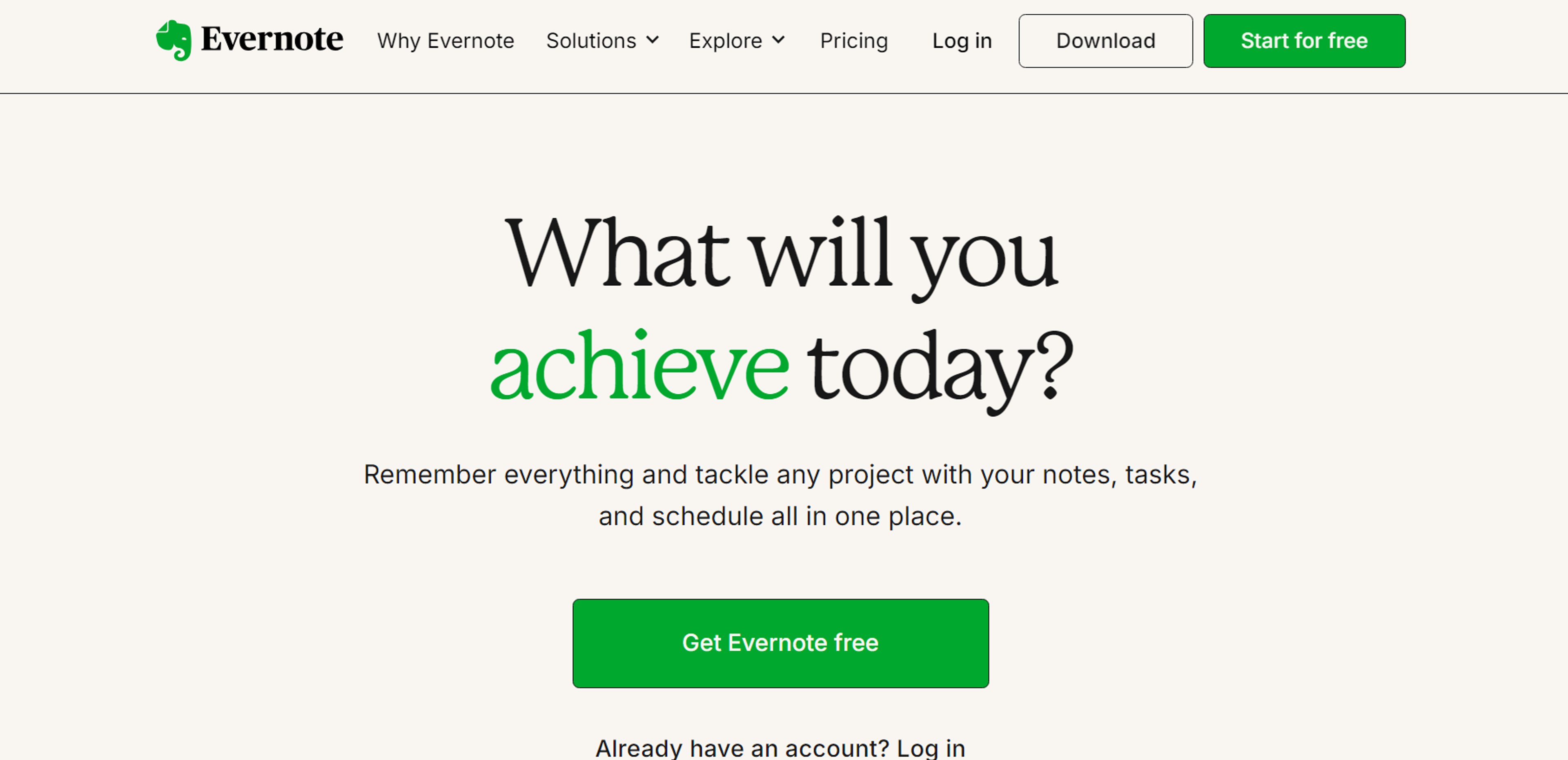 Evernote's homepage promoting note-taking, task management, and project scheduling 