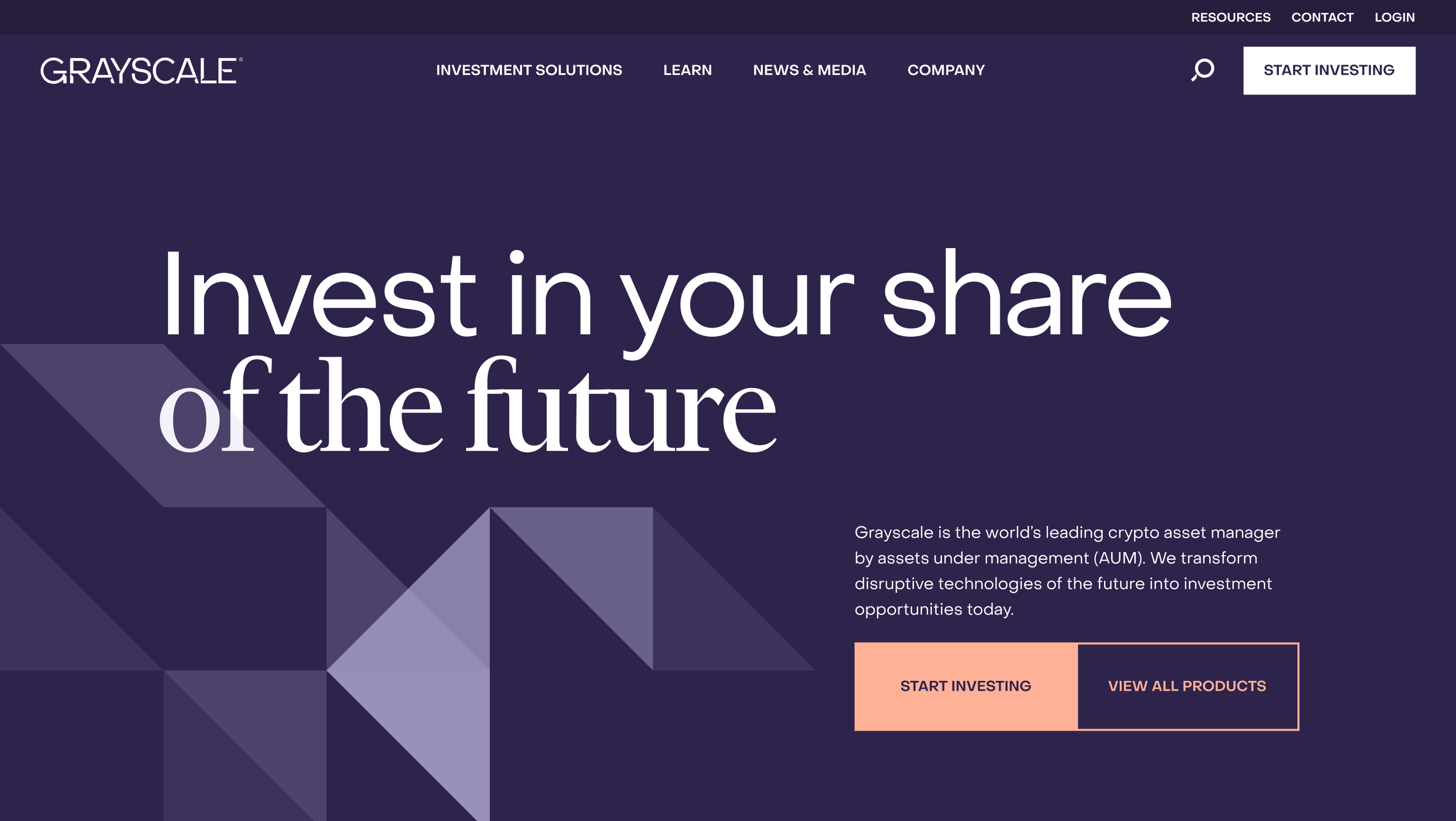 A modern financial webpage for Grayscale