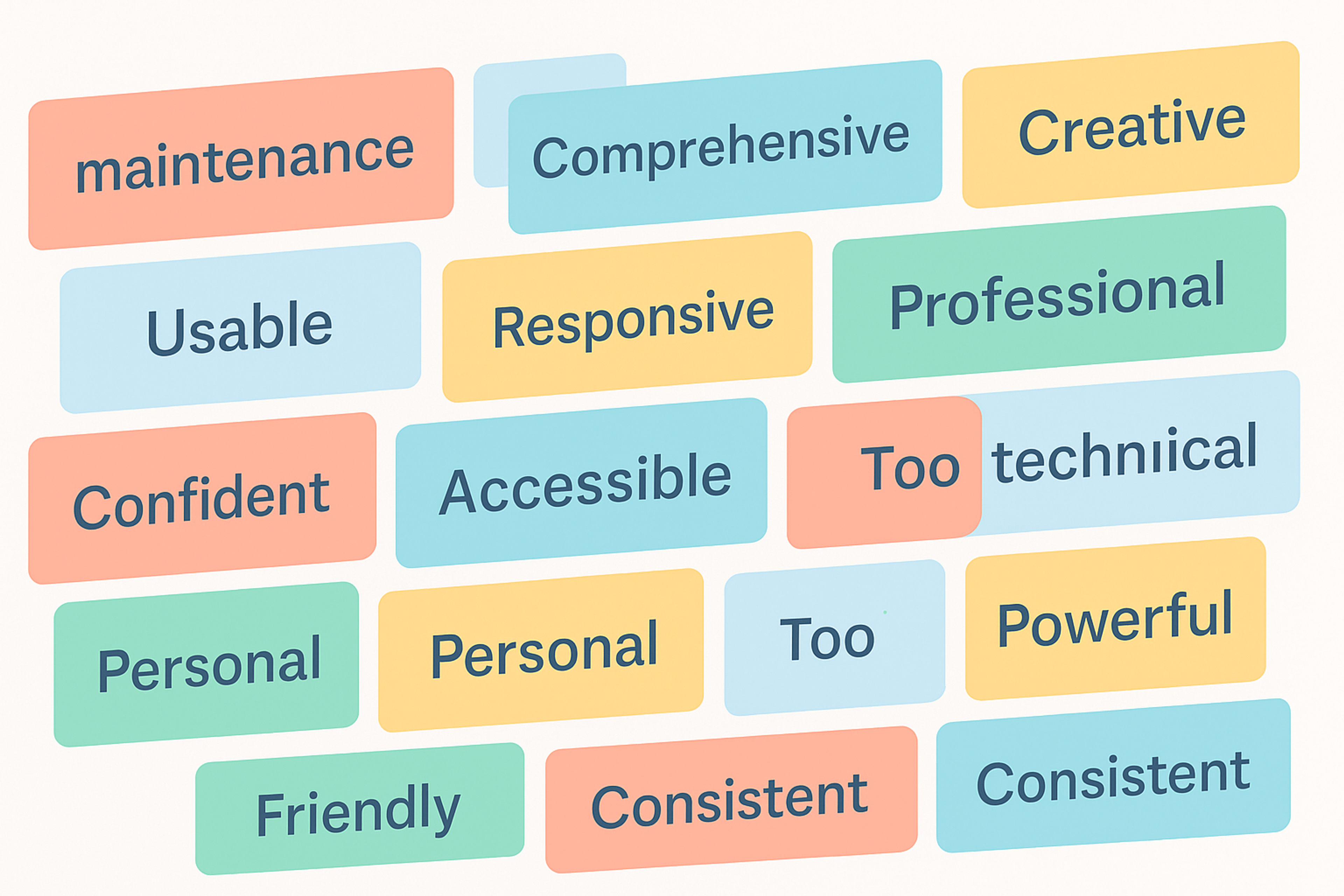 wall covered with labeled cards displaying descriptive words