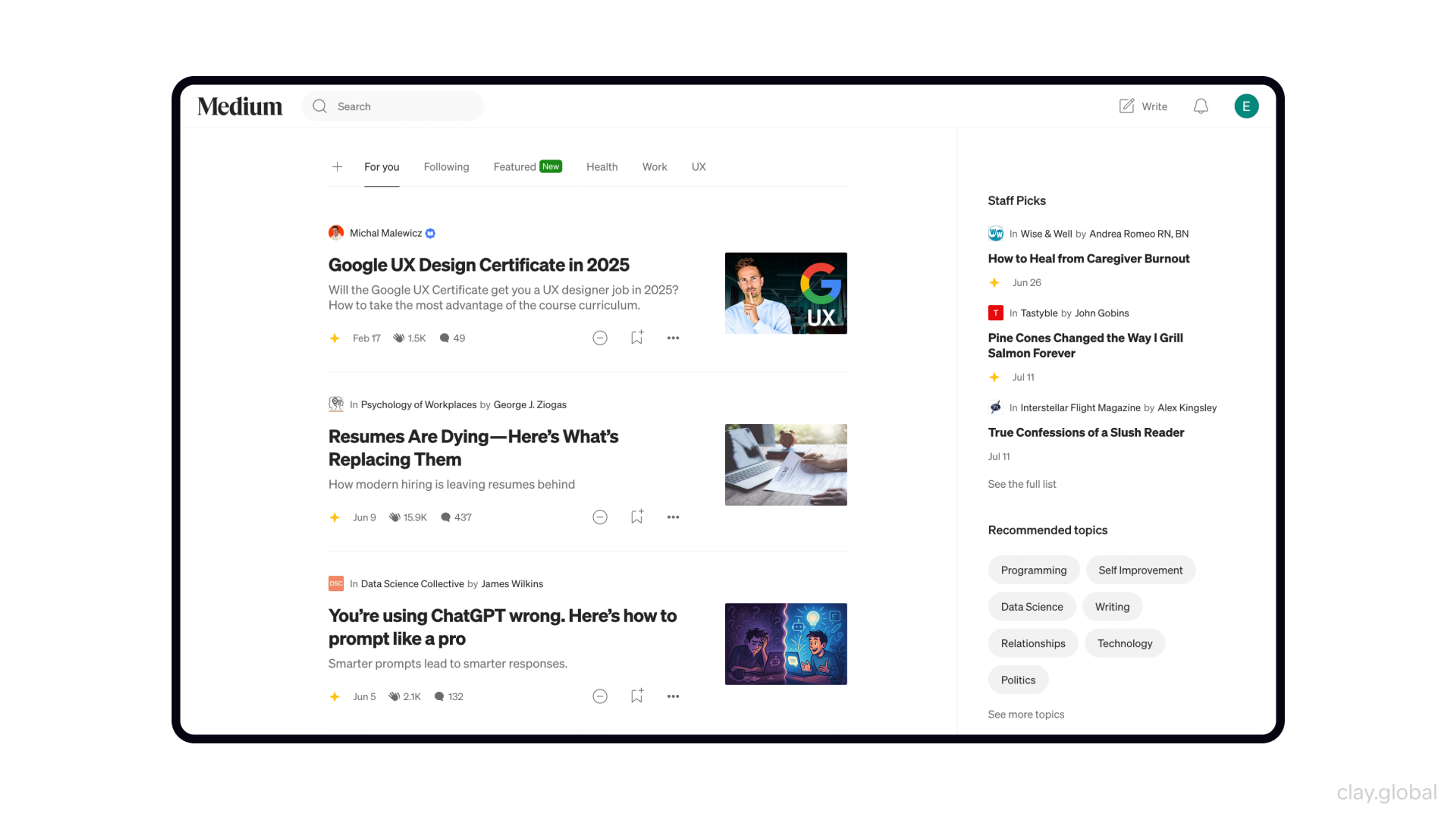 A Medium homepage showcasing popular articles