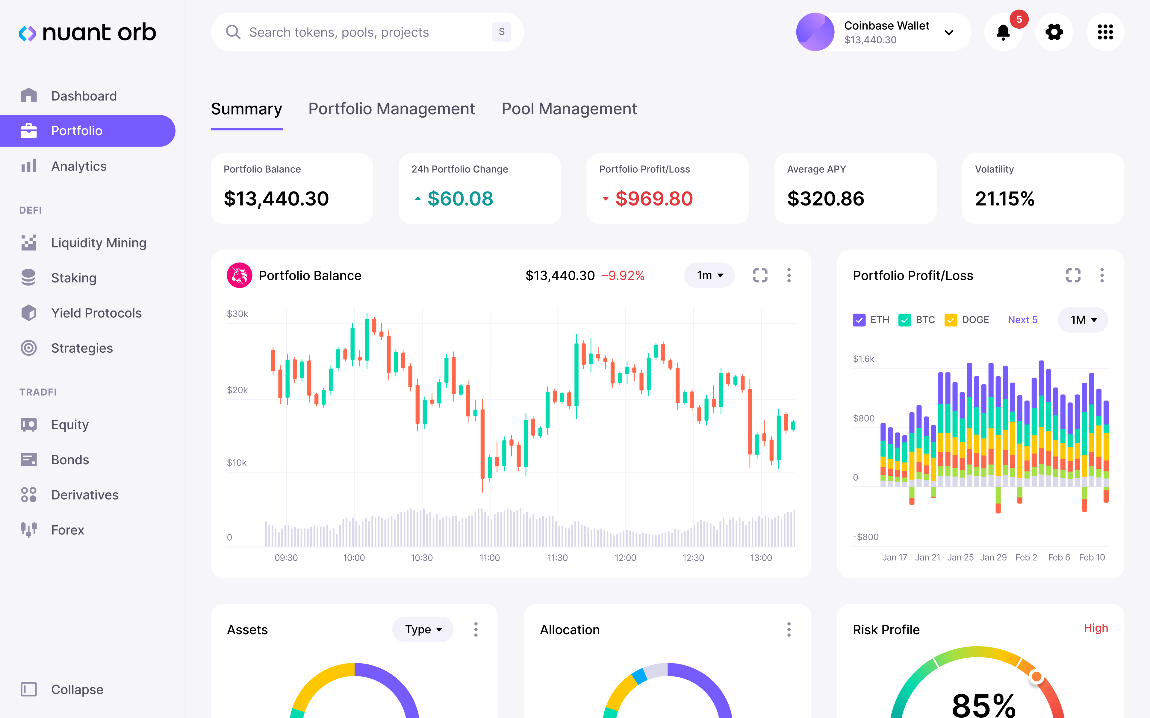 Nuant Orb portfolio page opened with Coinbase wallet connected