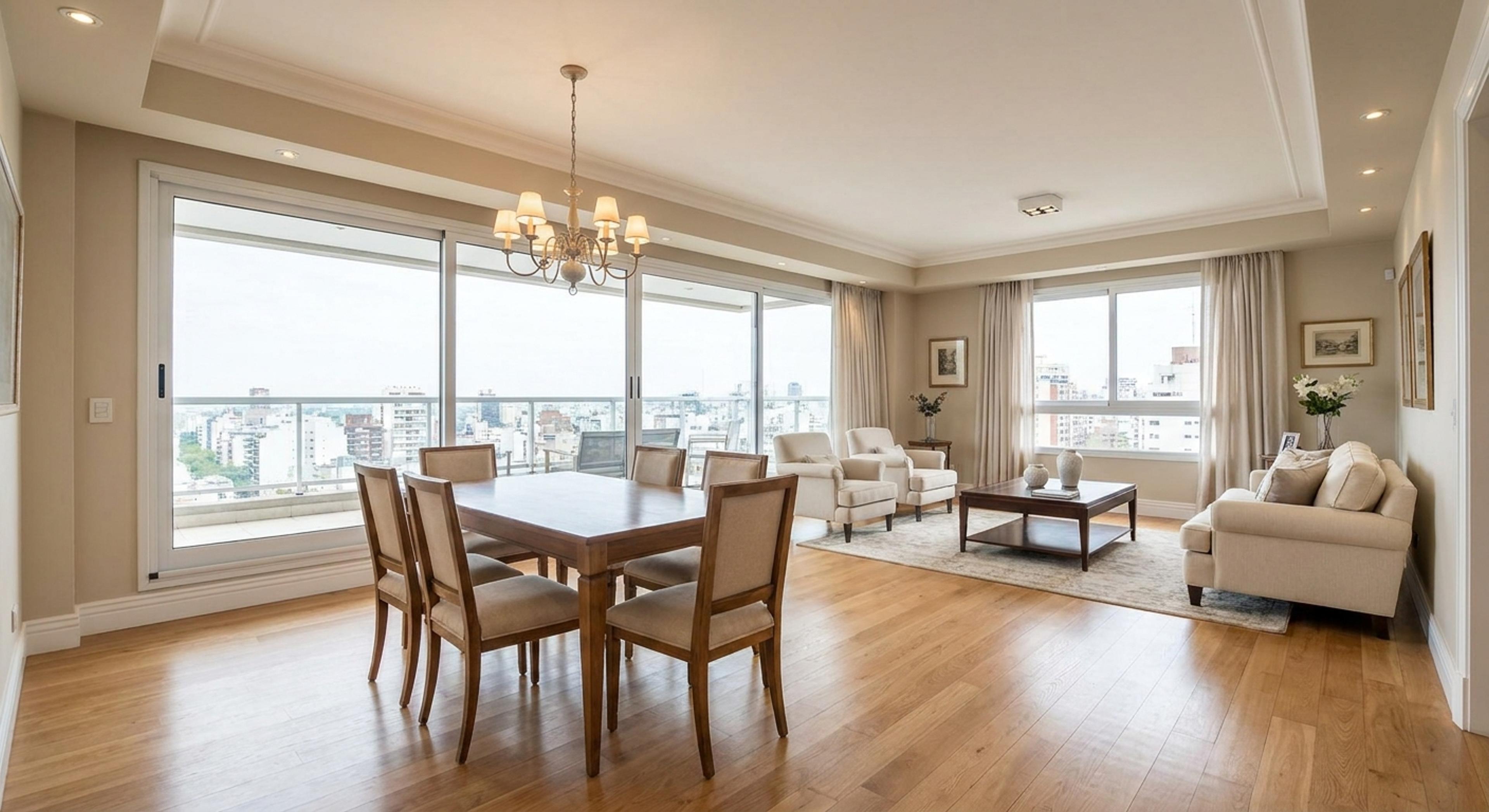 Living-comedor elegante con balcón y vista en departamento de 3 ambientes en Recoleta