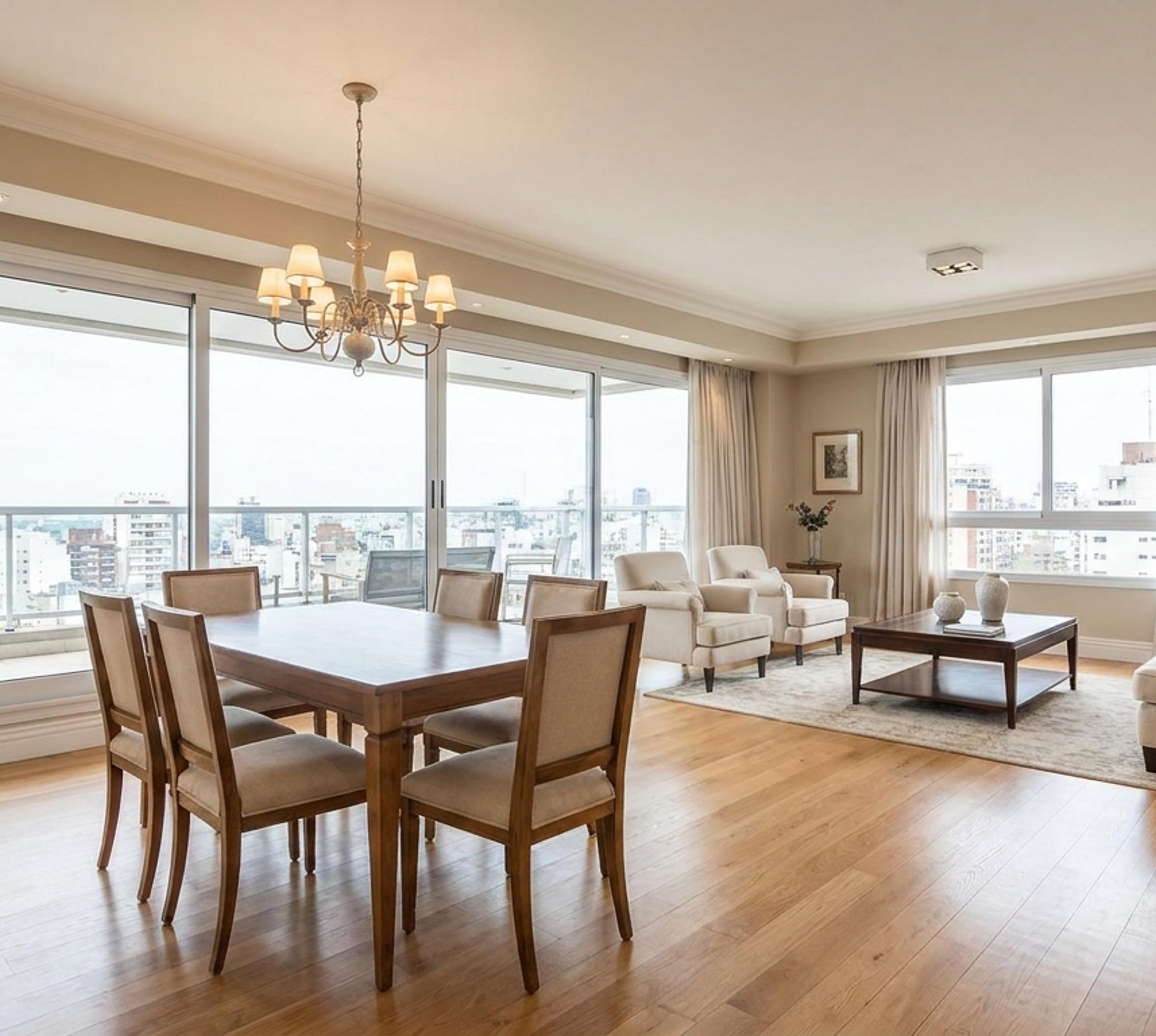 Living-comedor elegante con balcón y vista en departamento de 3 ambientes en Recoleta