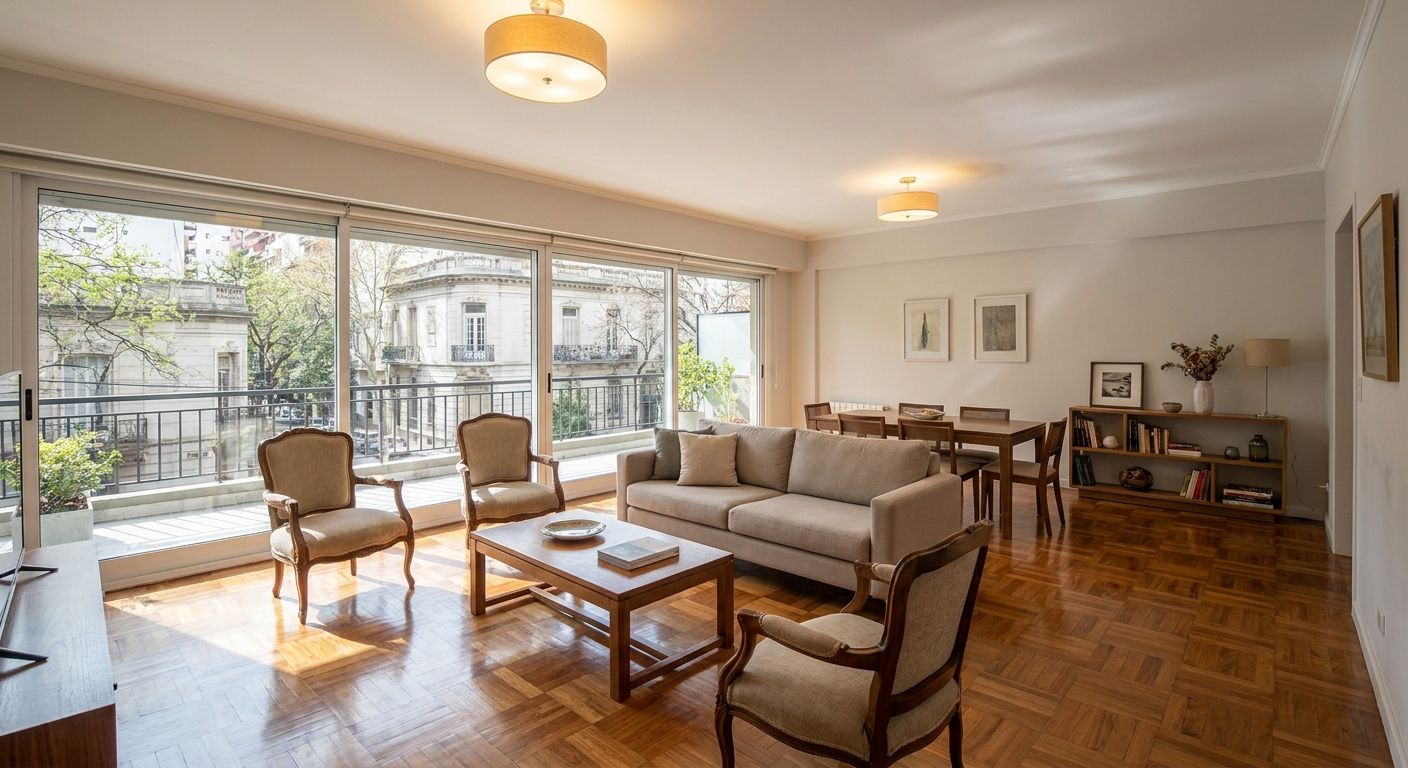 Living-comedor amplio con balcón corrido en departamento de 4 ambientes en Caballito