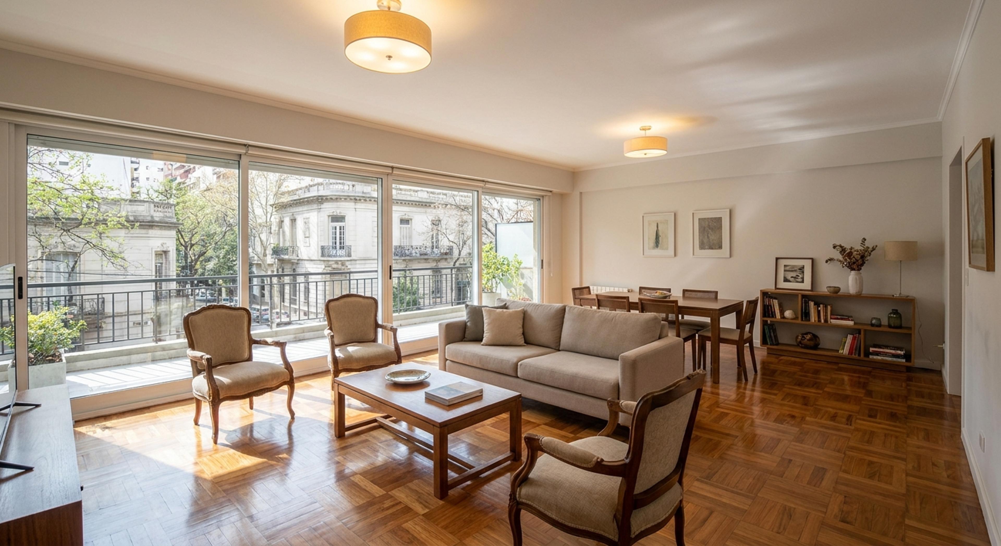 Living-comedor amplio con balcón corrido en departamento de 4 ambientes en Caballito