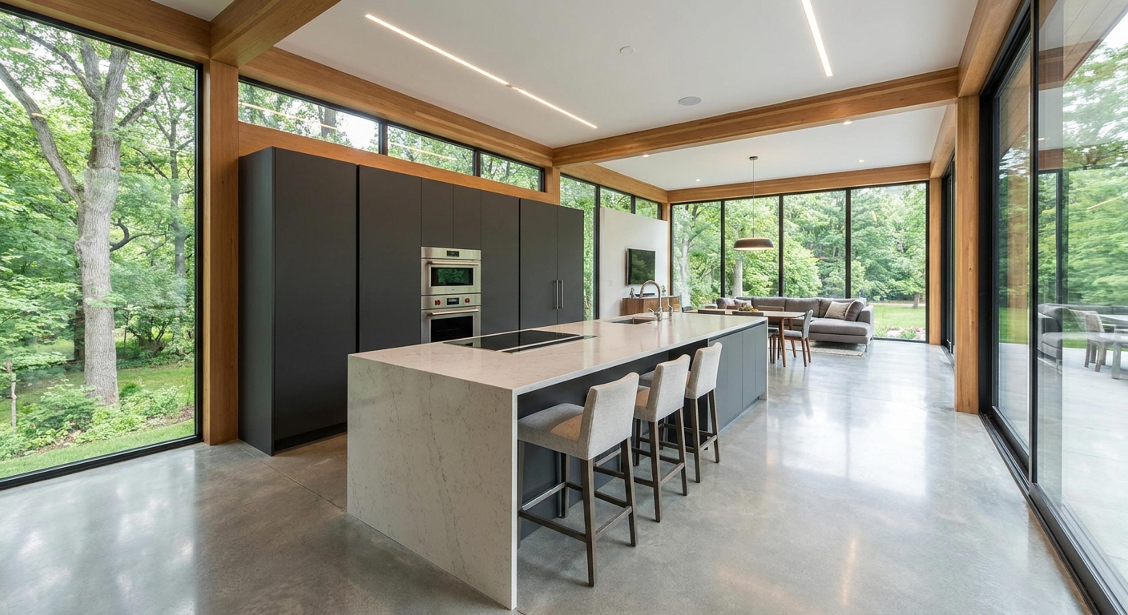 Cocina moderna con isla y vista al jardín