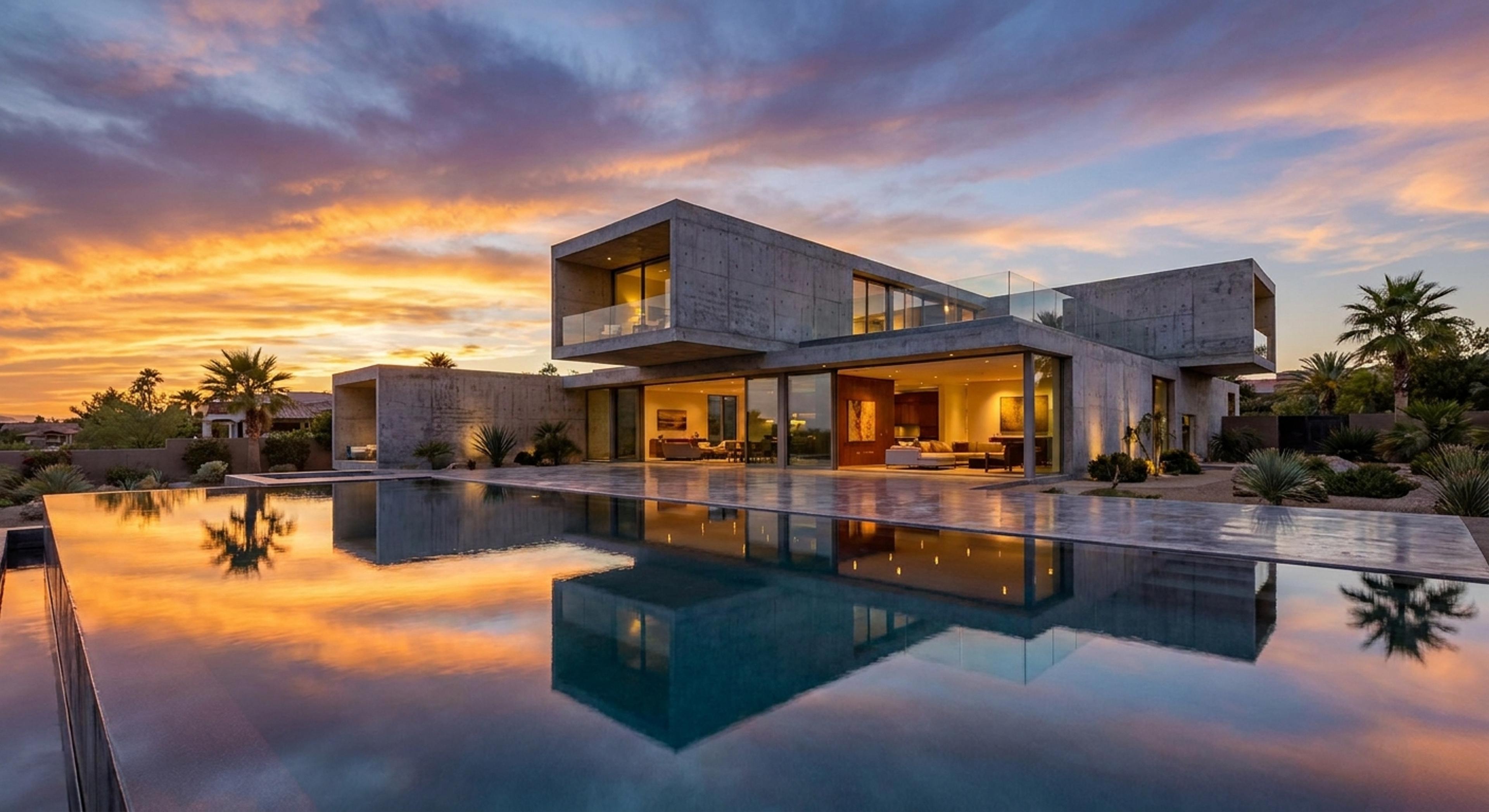 Casa de hormigón con pileta al atardecer