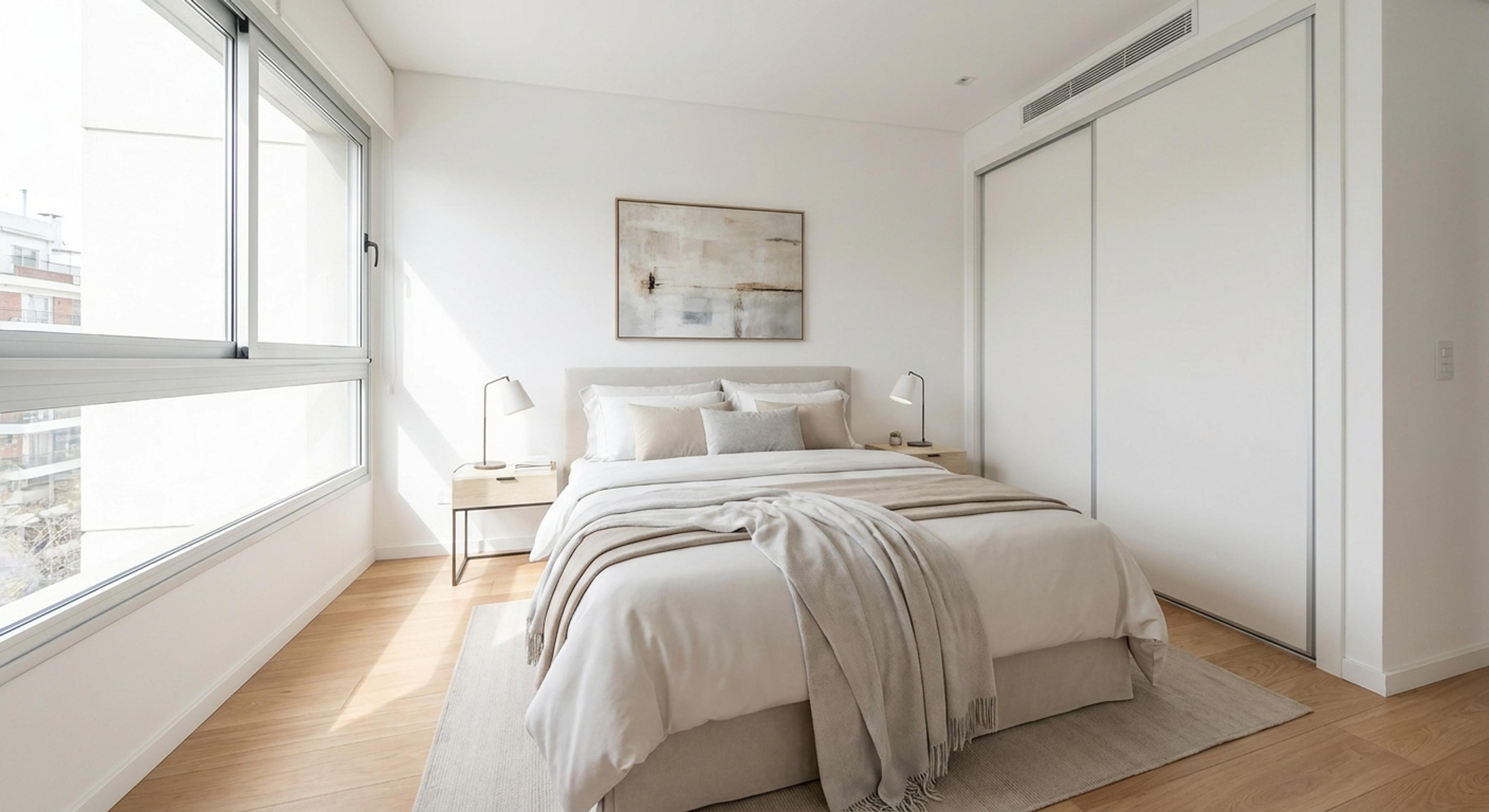 Dormitorio principal en suite con placard y pisos de madera clara