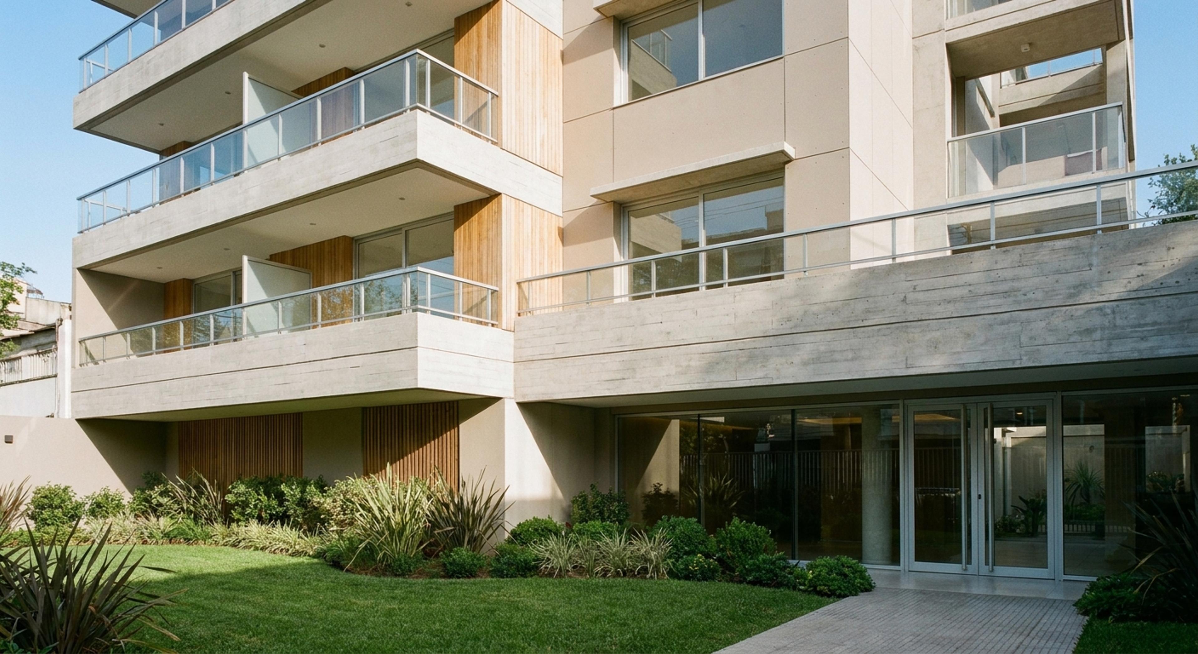 Fachada moderna del edificio nuevo de departamentos en Saavedra