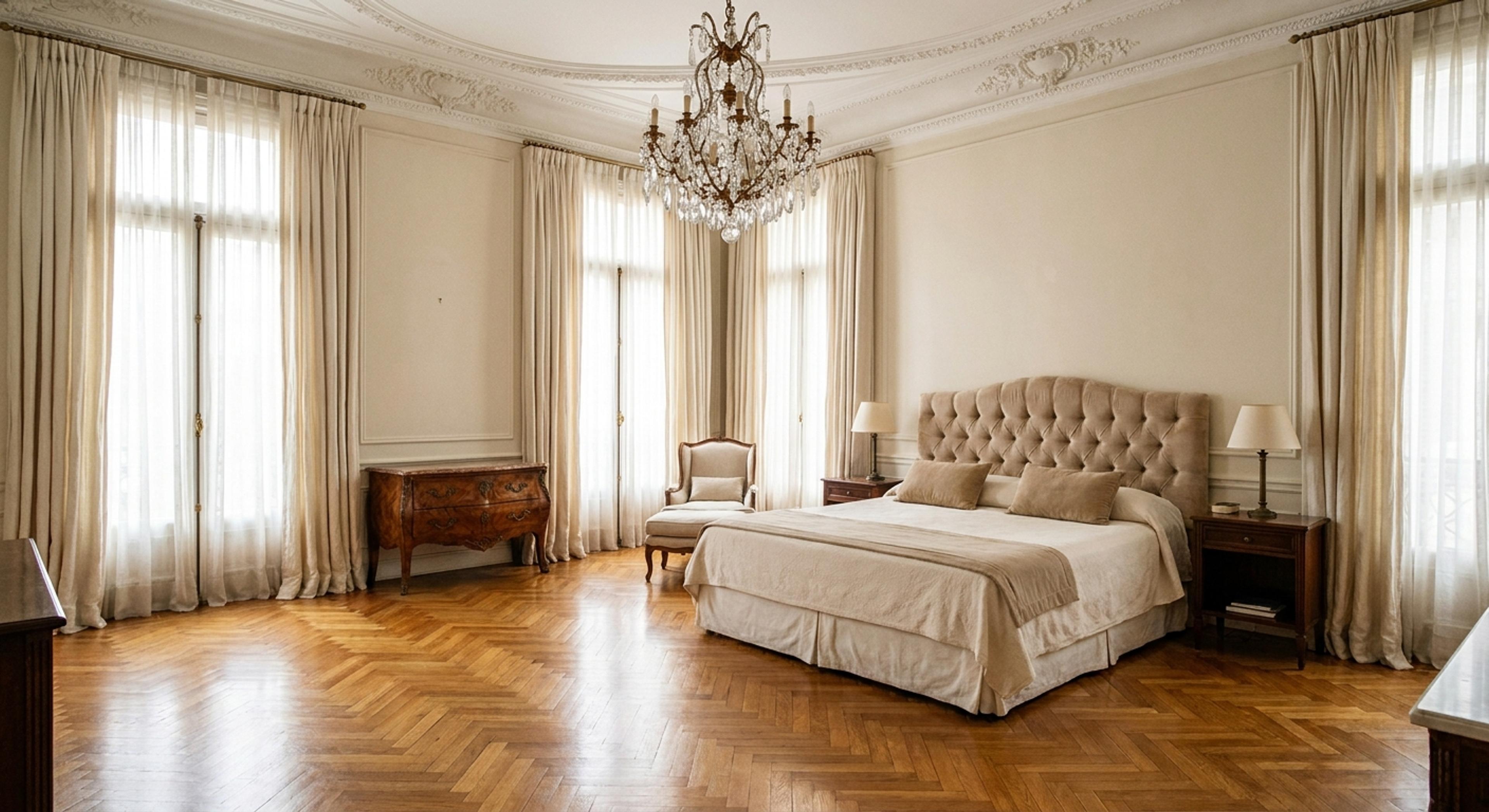 Dormitorio principal amplio con parquet de roble y molduras, estilo señorial