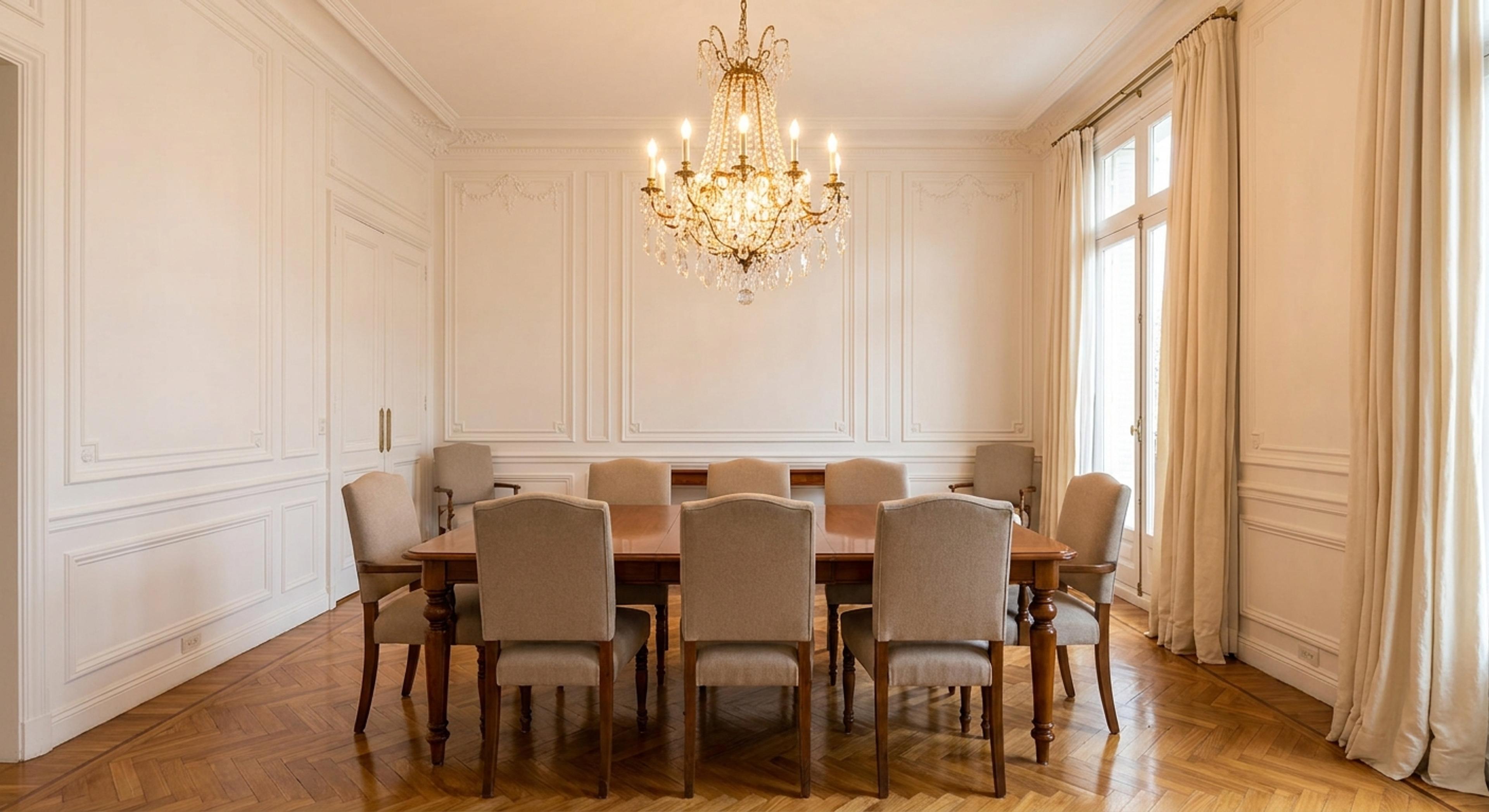 Comedor independiente elegante con araña de luces y boiserie