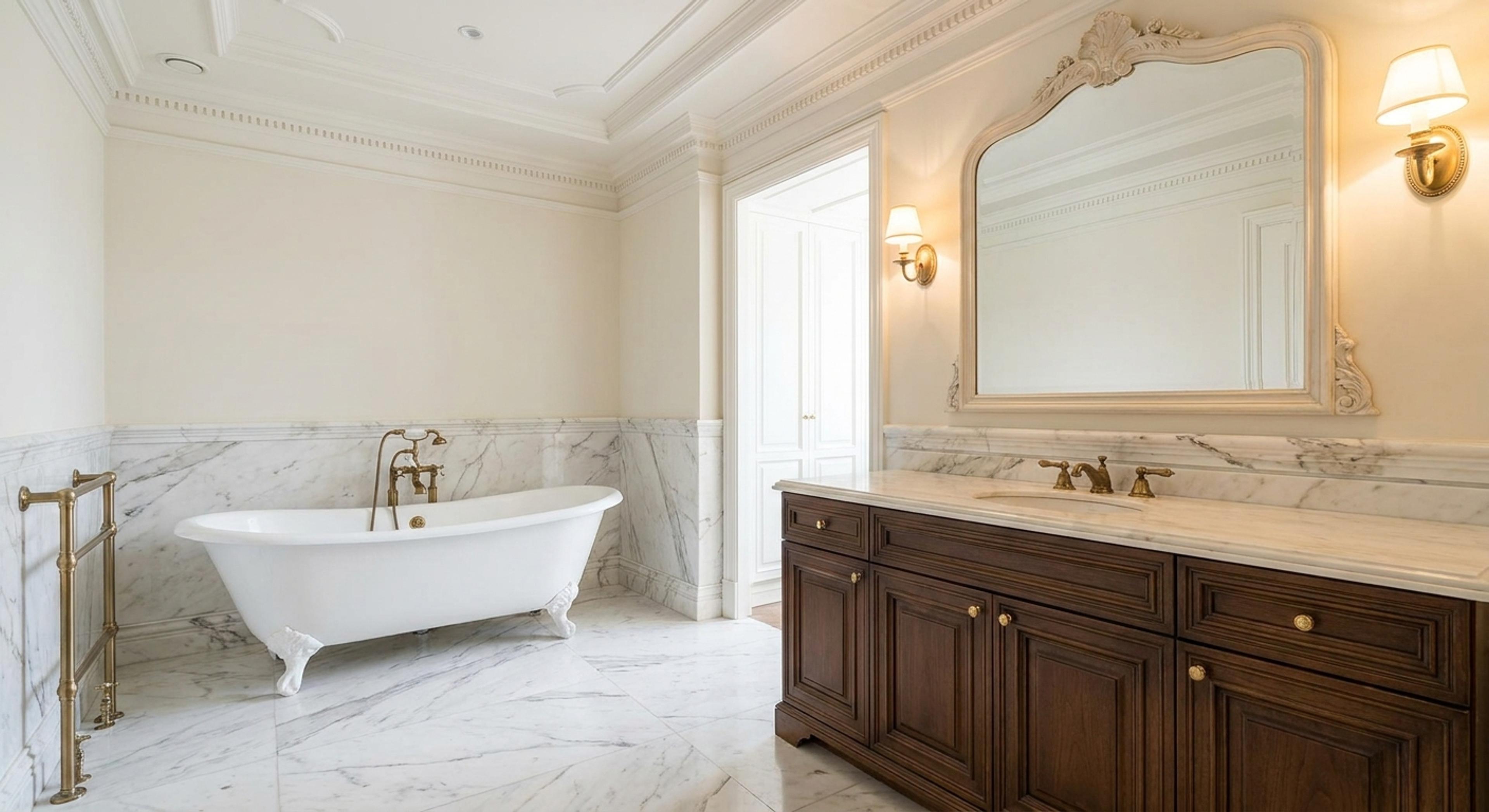 Baño principal con revestimientos de mármol y detalles de estilo afrancesado