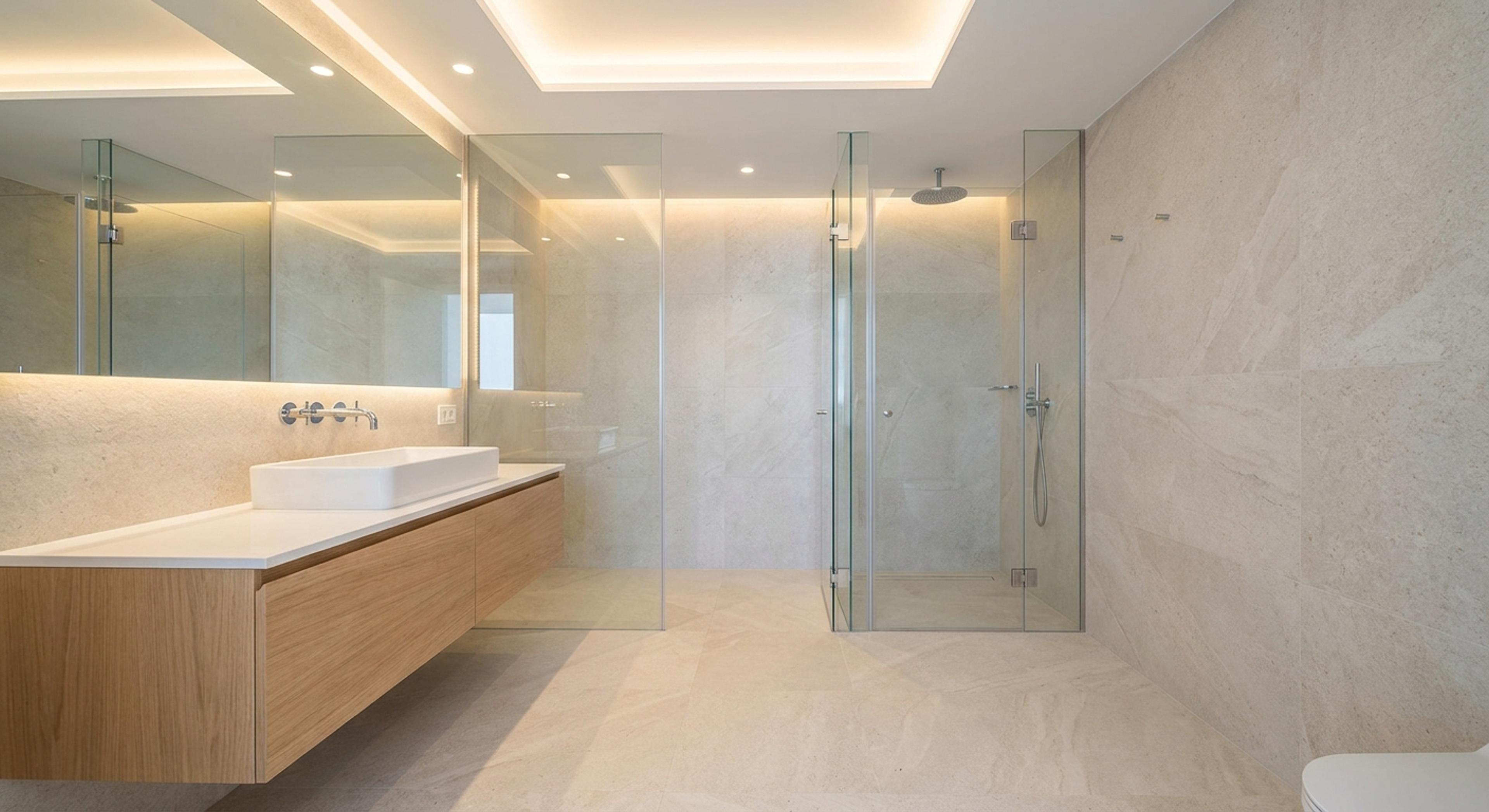Baño completo moderno con mampara de vidrio