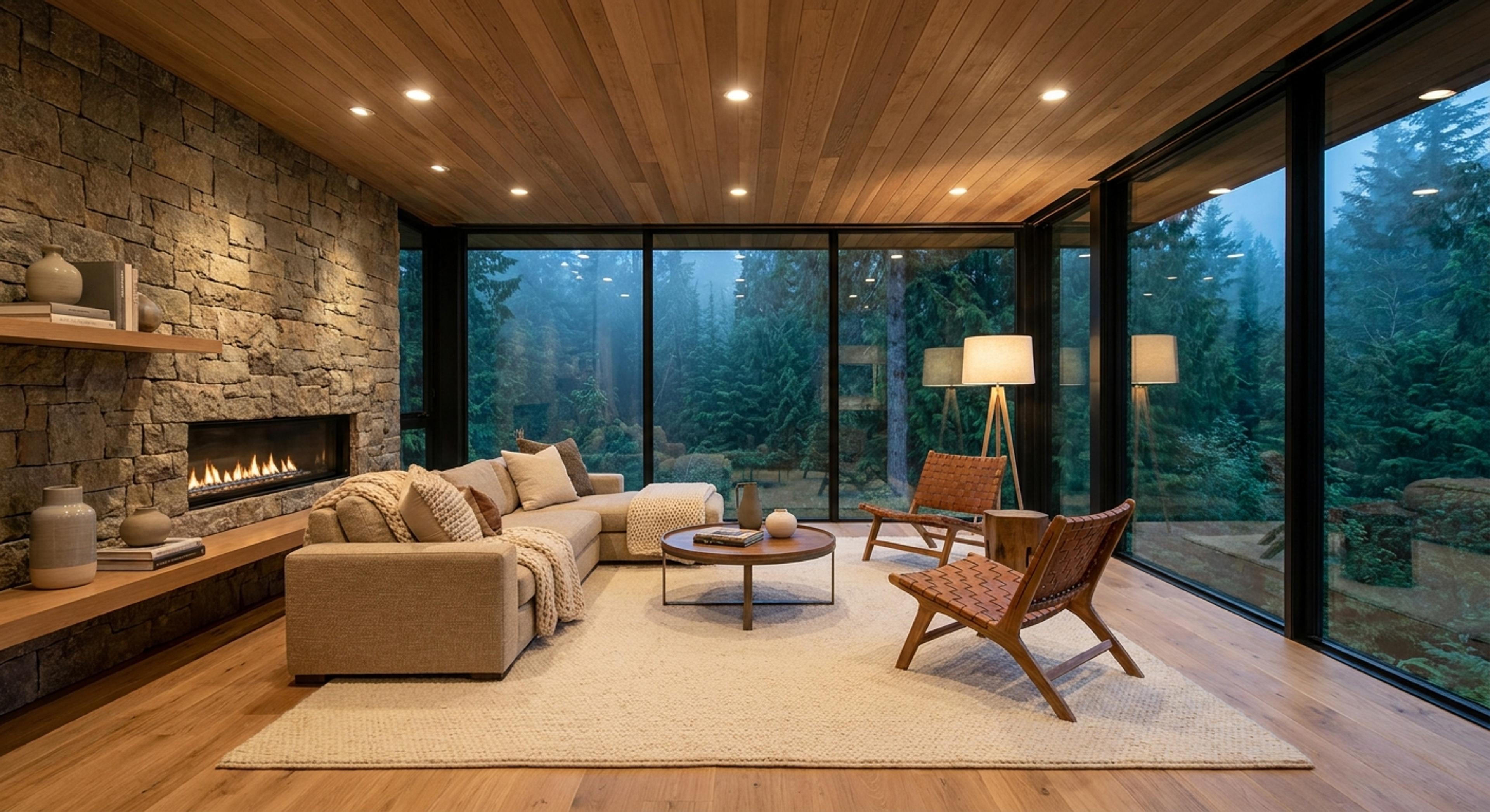 Living con maderas nobles y vista al bosque