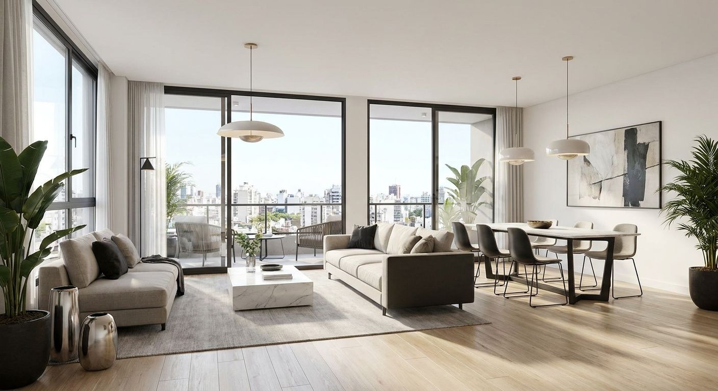 Living-comedor amplio y luminoso con balcón en departamento de 3 ambientes en Palermo Soho