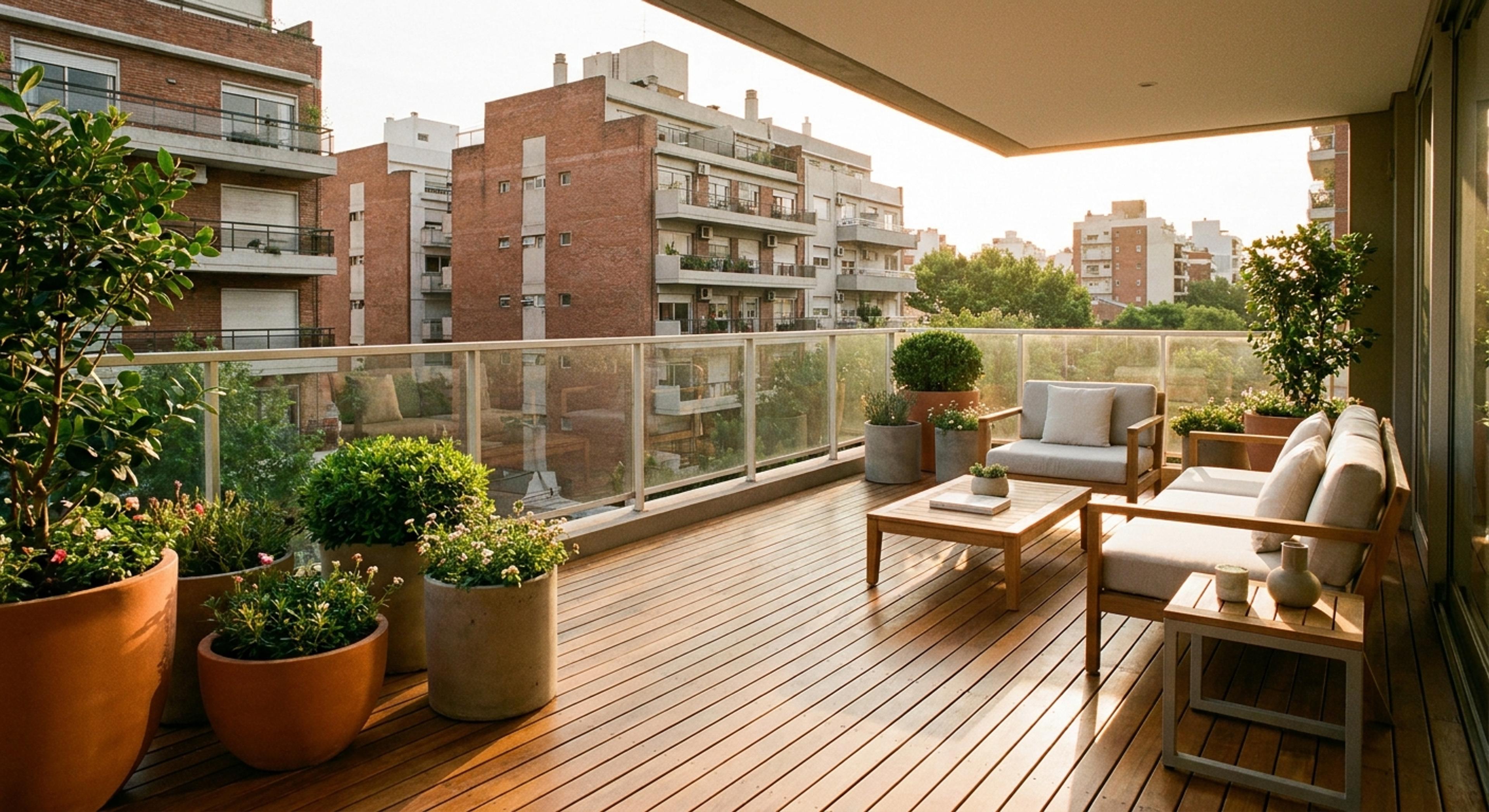 Balcón aterrazado con deck de madera y vista al barrio de Belgrano al atardecer