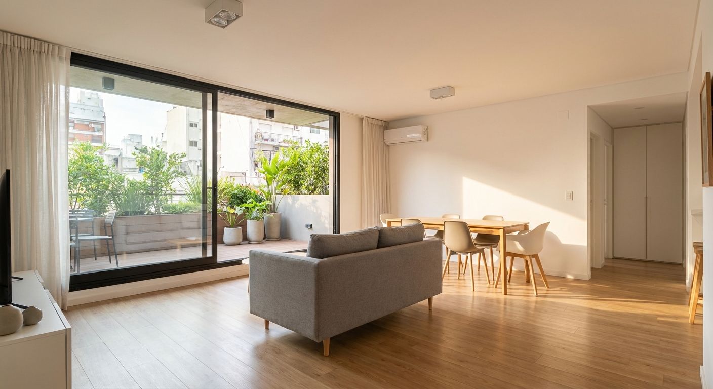 Living-comedor luminoso con ventanal al balcón aterrazado en departamento de 3 ambientes en Belgrano