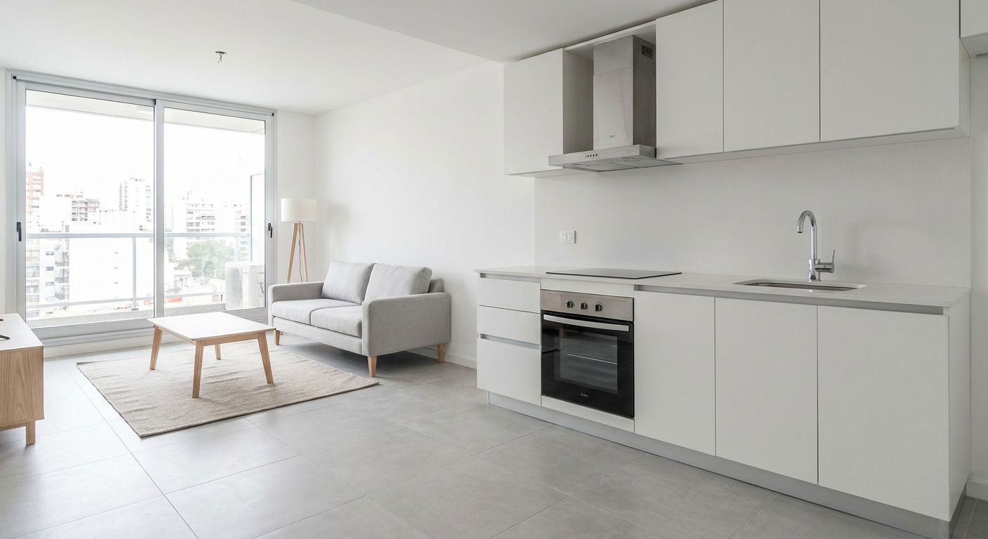 Ambiente integrado living-cocina a estrenar en departamento de 2 ambientes en Saavedra