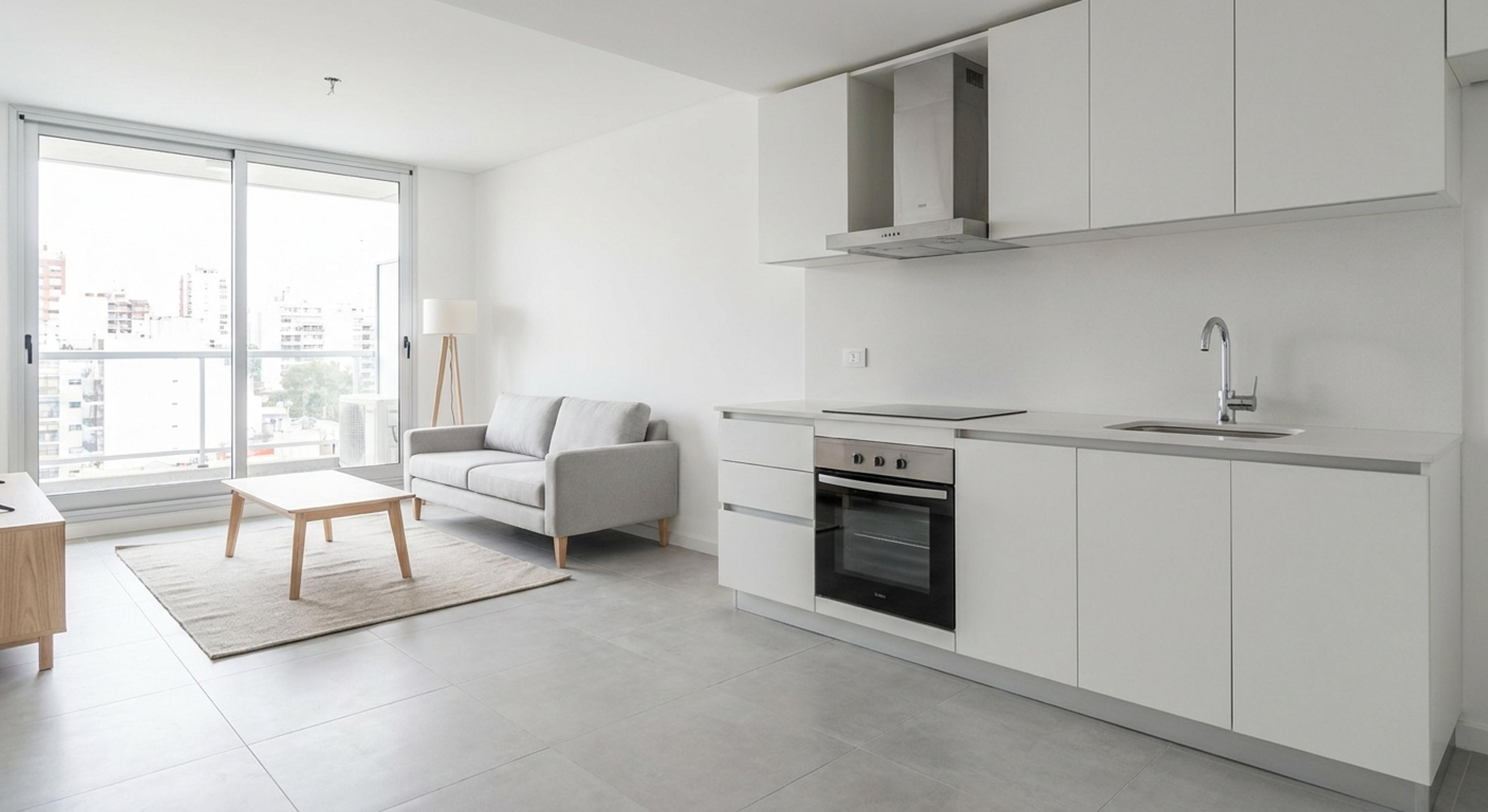 Ambiente integrado living-cocina a estrenar en departamento de 2 ambientes en Saavedra