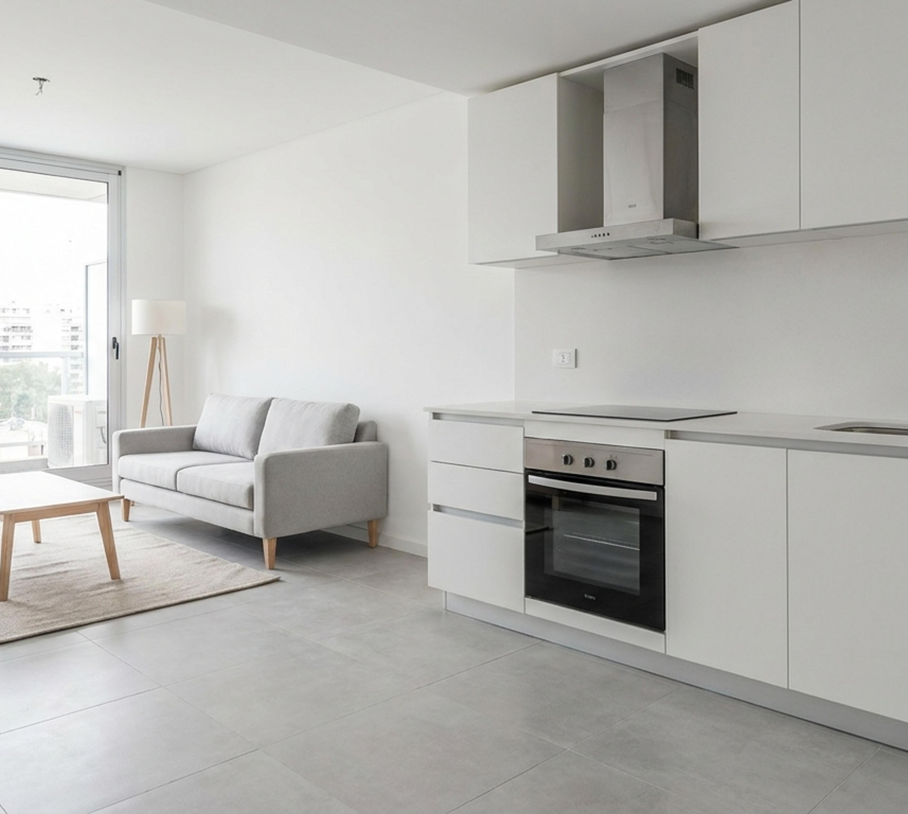 Ambiente integrado living-cocina a estrenar en departamento de 2 ambientes en Saavedra