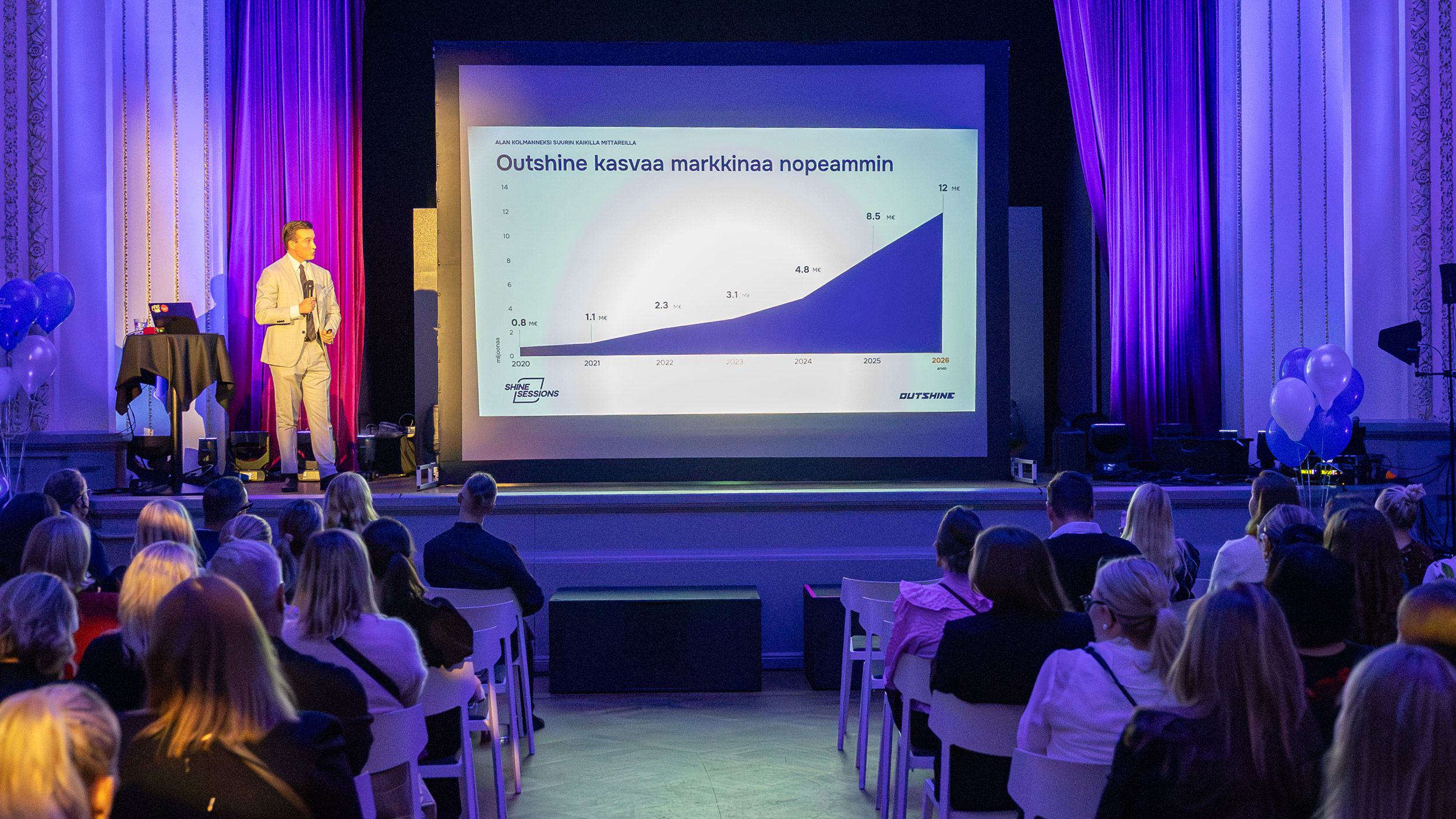 Jani Lepistö esiintyy lavalla tapahtumayleisölle Outshinen kasvua kuvaavan esityksen äärellä.