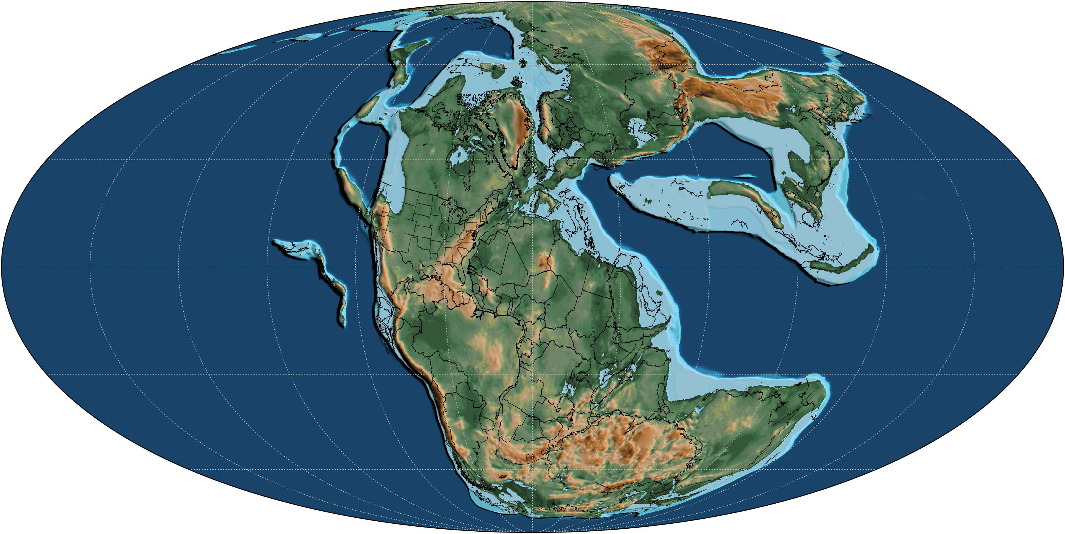 A map of the Earth's landmasses and oceans during the Triassic Period, 225 million years ago. All major landmasses are united in the supercontinent of Pangea..