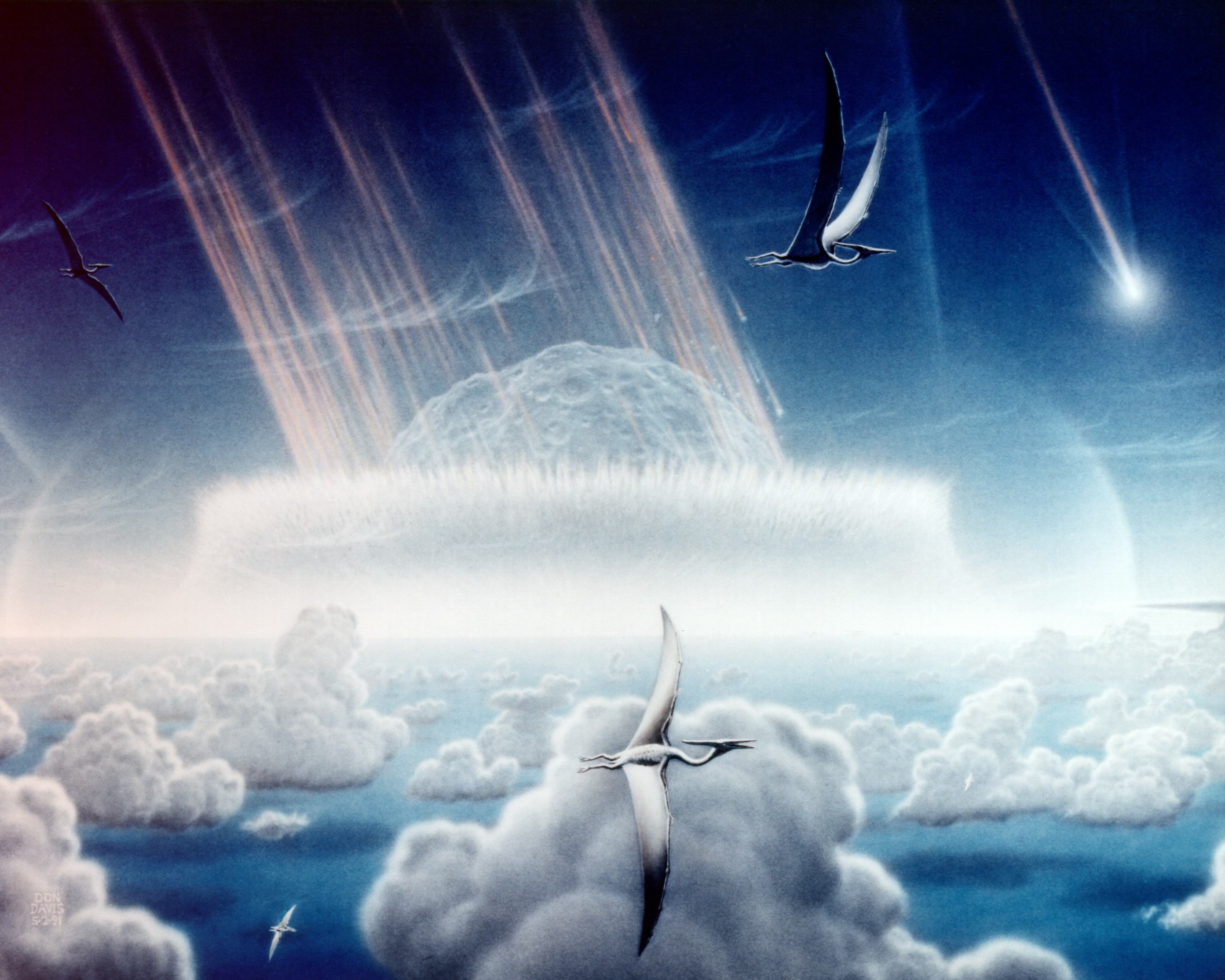 Asteroid impacting Earth with pterosaurs flying in foreground