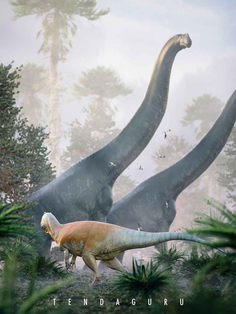 theropod dinosaur stalking giant sauropods
