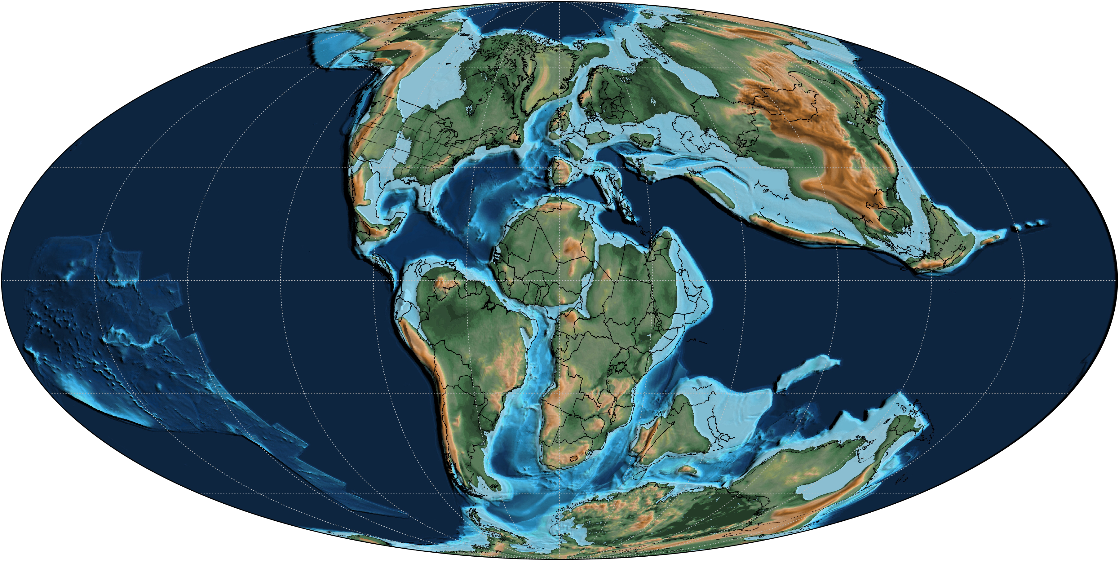 Map of the Earth's landmasses as they were during the Cretaceous Period, 105 million years ago