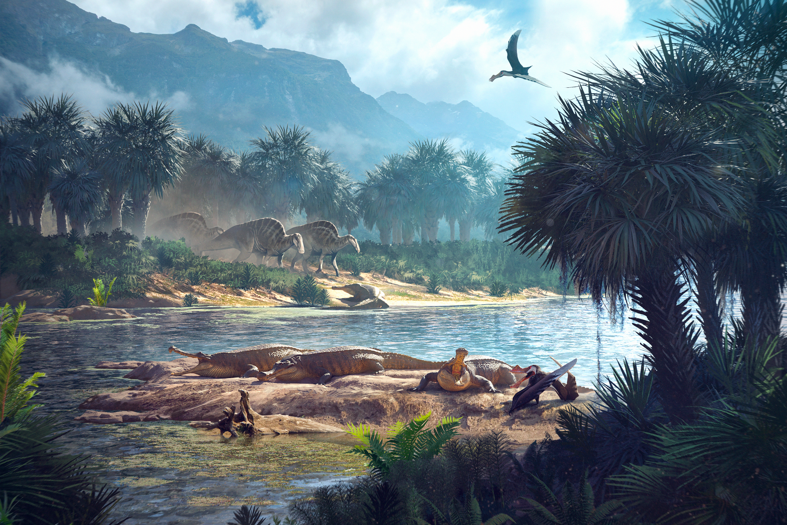 Sarcosuchus lay on a riverbank with some unknown hadrosaurs on the opposite side going for a drink.