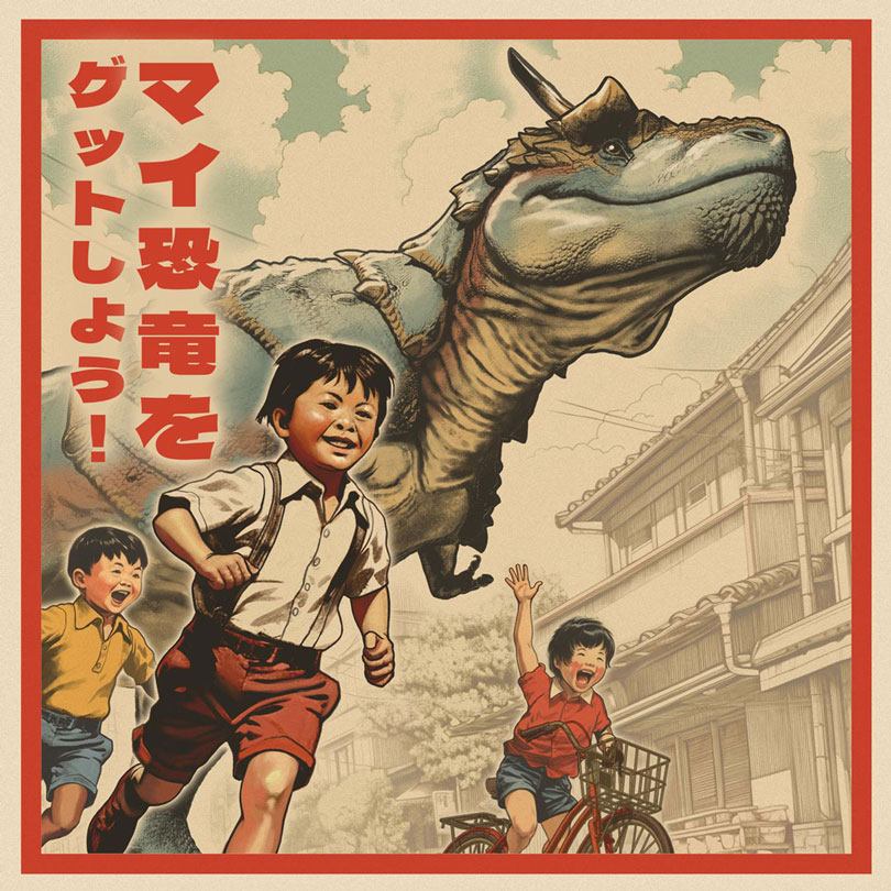 Retro Japanese poster with a friendly dinosaur and kids running and riding bicycles.
