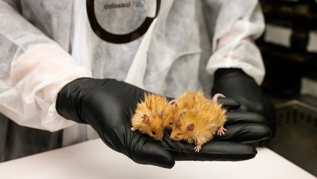 Scientist holding mice with long wavy fur