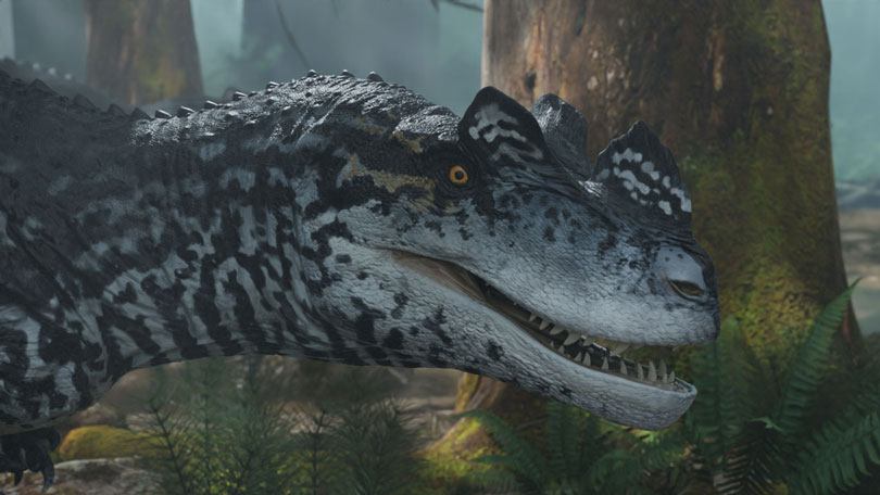 Ceratosaurus walking through a forest.