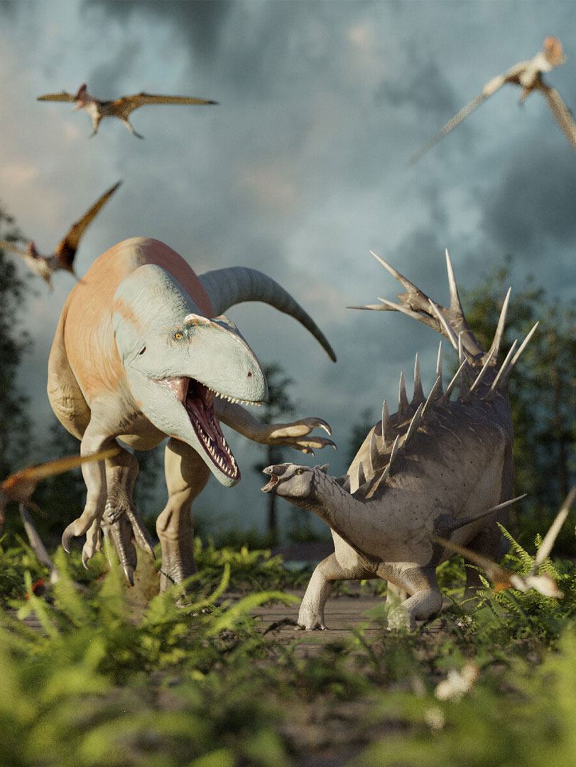 Theropod dinosaur attacking a stegosaur
