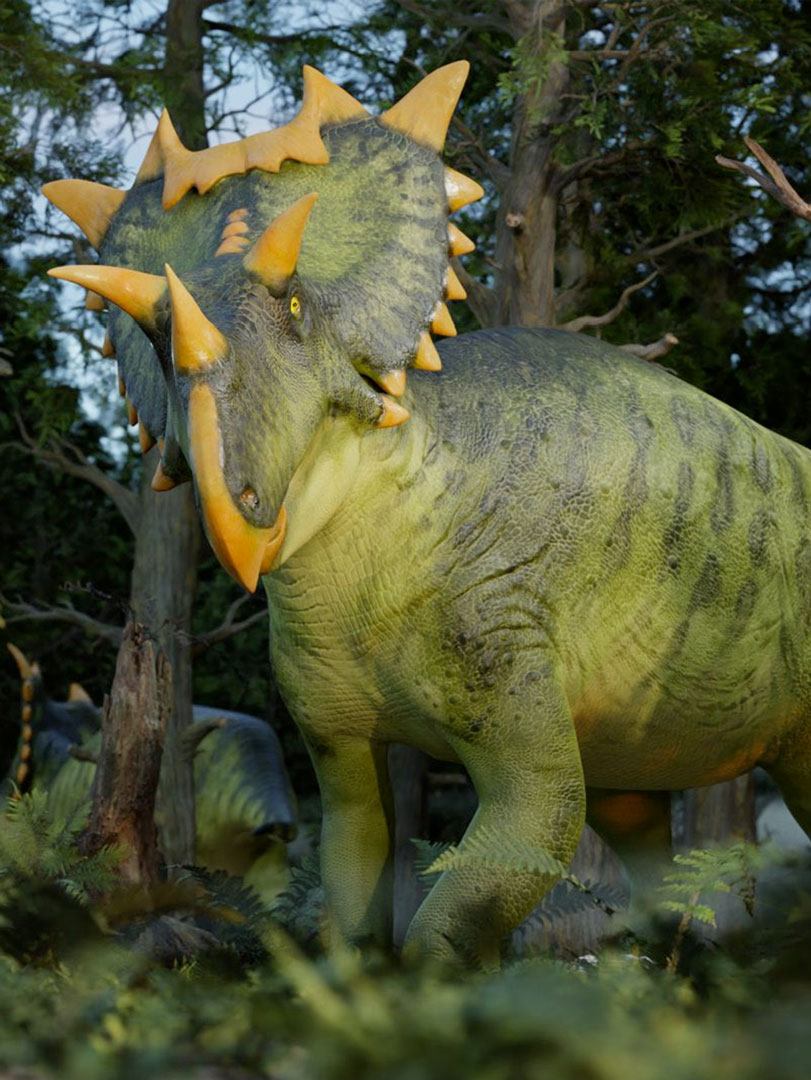 a bright green ceratopsian dinosaur in a prehistoric forest