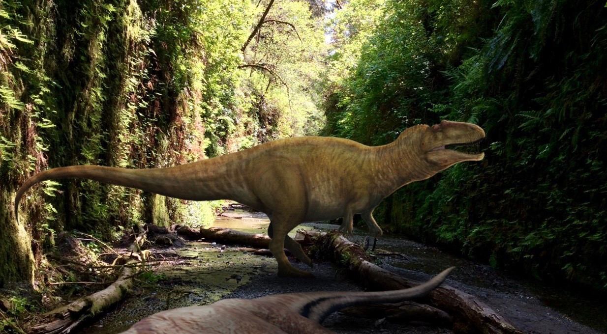 Artist rendition of a theropod dinosaur standing over a sauropod carcass in a canyon