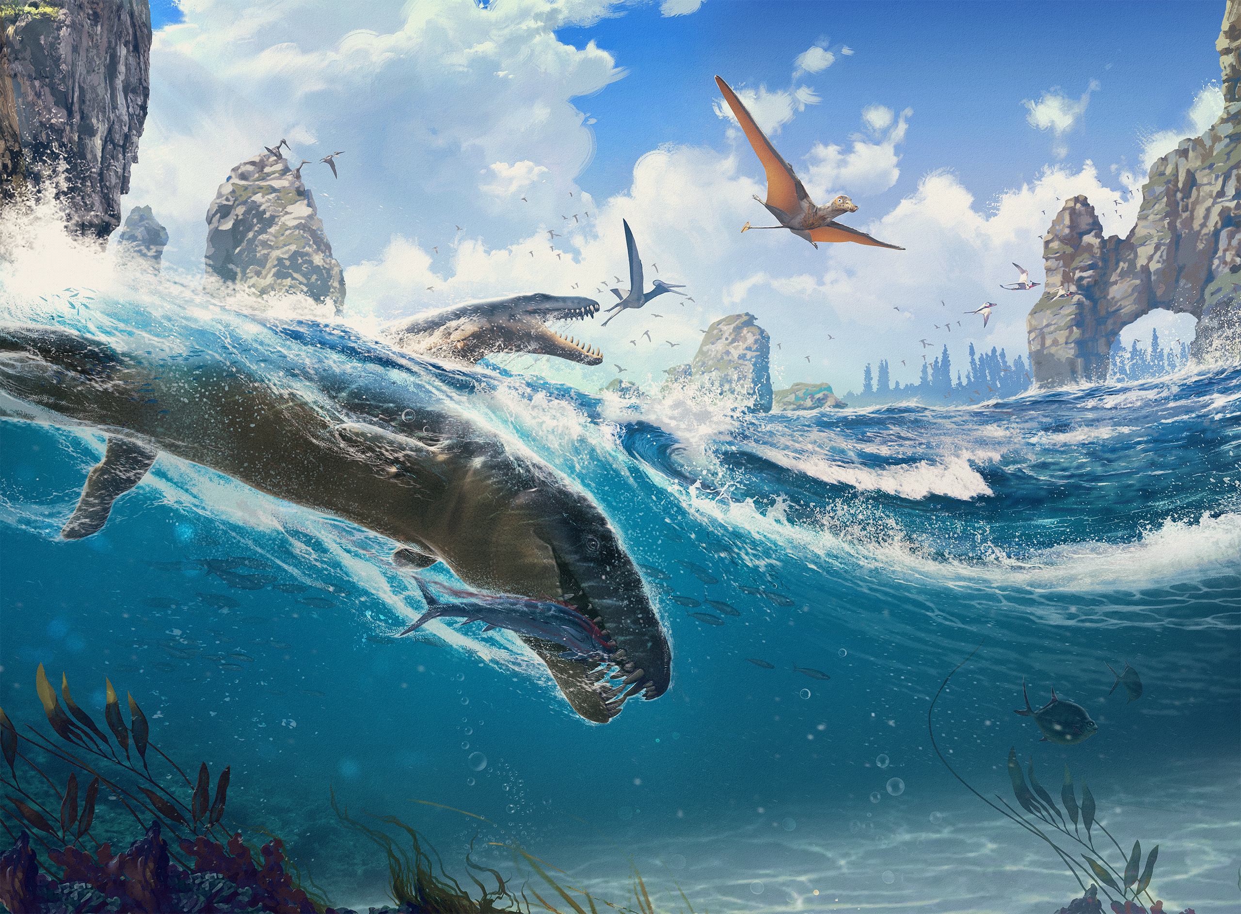 Dive into the ancient drama of the Solnhofen seascape, where Dakosaurus hunts beneath the waves, while its counterpart leaps into the sky after a daring Pterodactylus. The air is filled with the graceful flight of Rhamphorhynchus and a sky adorned with various pterosaurs, painting a vivid picture of prehistoric life.