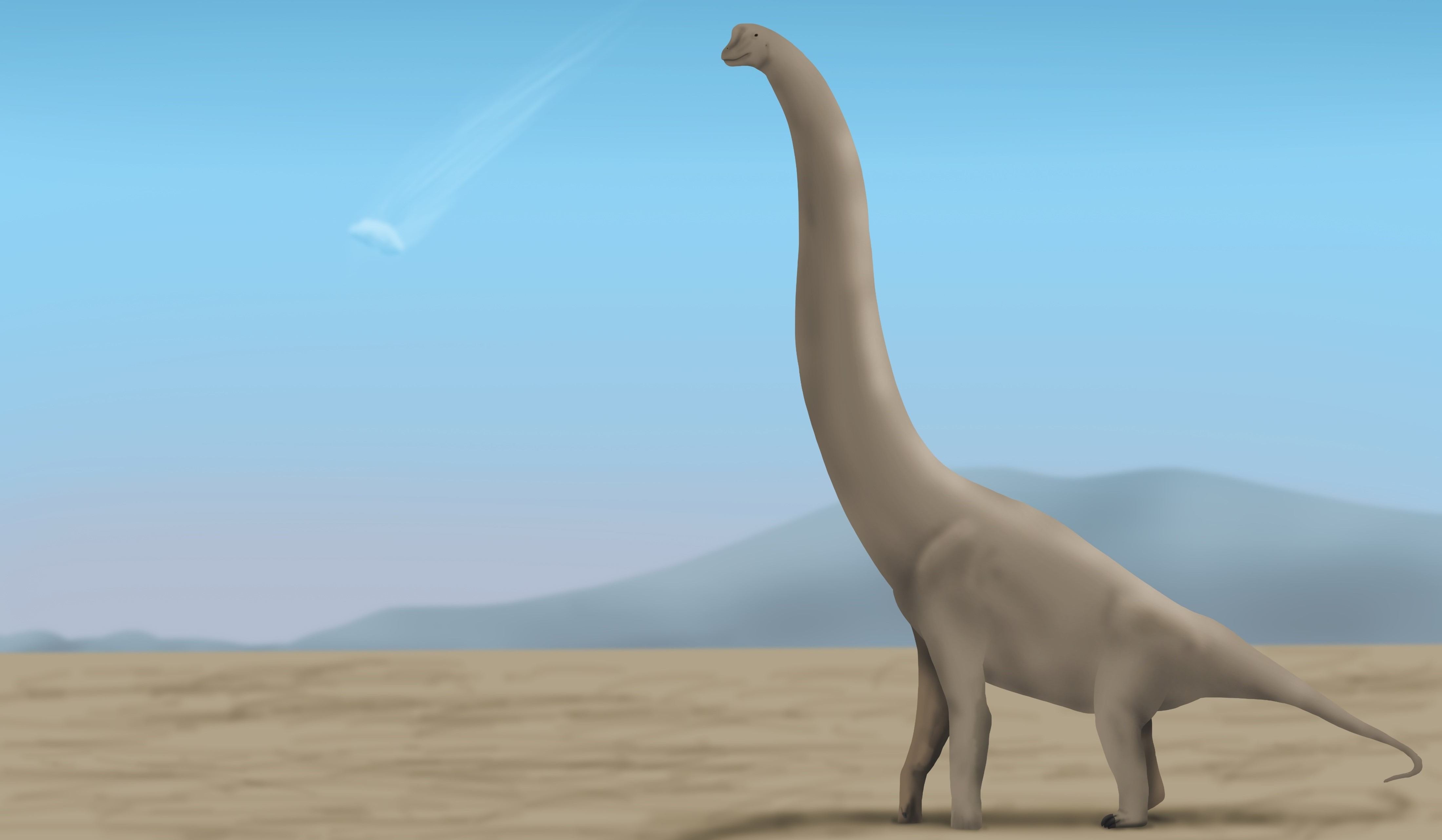 An asteroid falling to earth in the distance with a brachiosaurid sauropod dinosaur in the foreground