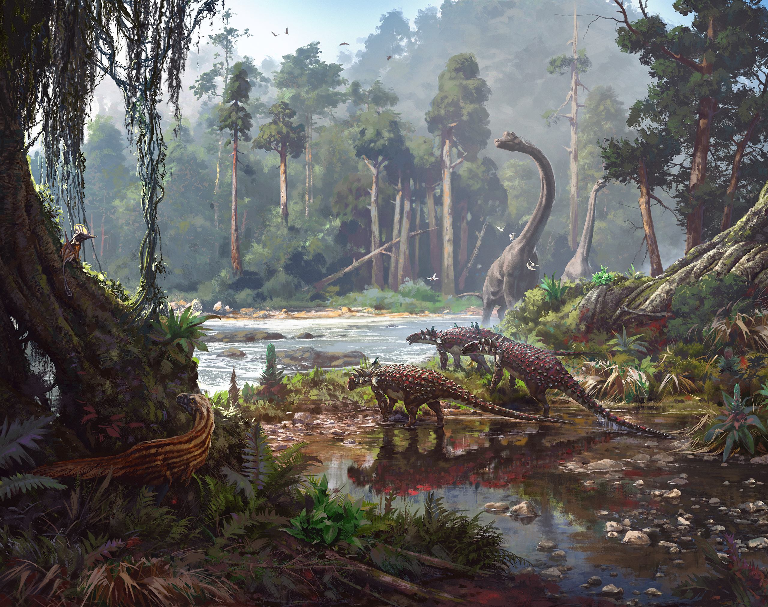 Three Sauropeltas wade through the shallow waters towards the river, while a cunning Deinonychus lurks in the bushes, captivated by a Pterosaur perched on a tree. Sauropods graze the treetops, accompanied by majestic pterosaurs soaring in the vast prehistoric sky.