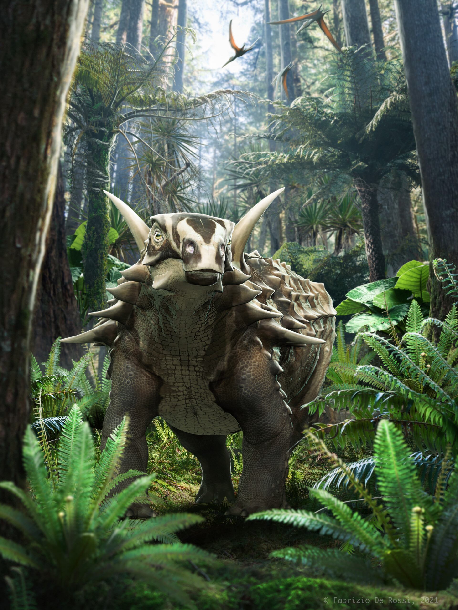 nodosaurid ankylosaur Struthiosaurus austriacus in a lush prehistoric forest