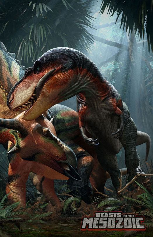 Large Tyrannosaur is fighting with a triceratops in a jungle.