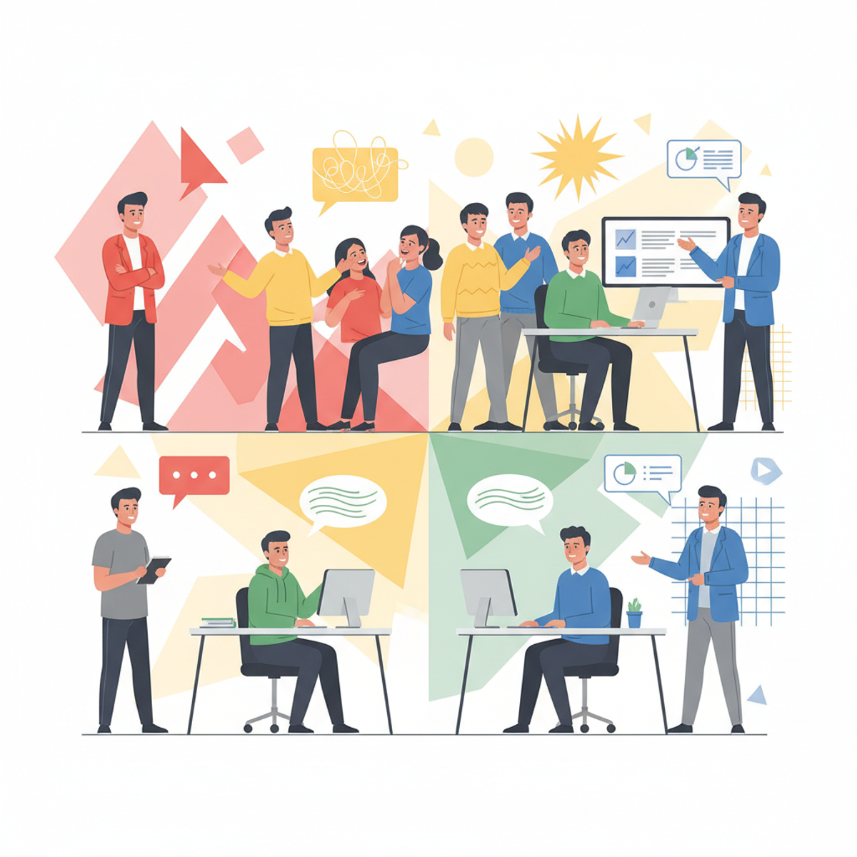 Escena de oficina mostrando diferentes estilos de comunicación entre perfiles