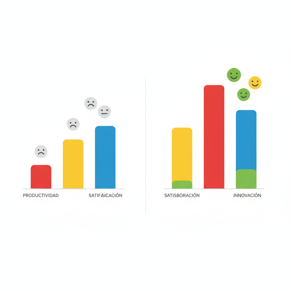 Gráfico antes/después mostrando métricas de productividad y satisfacción